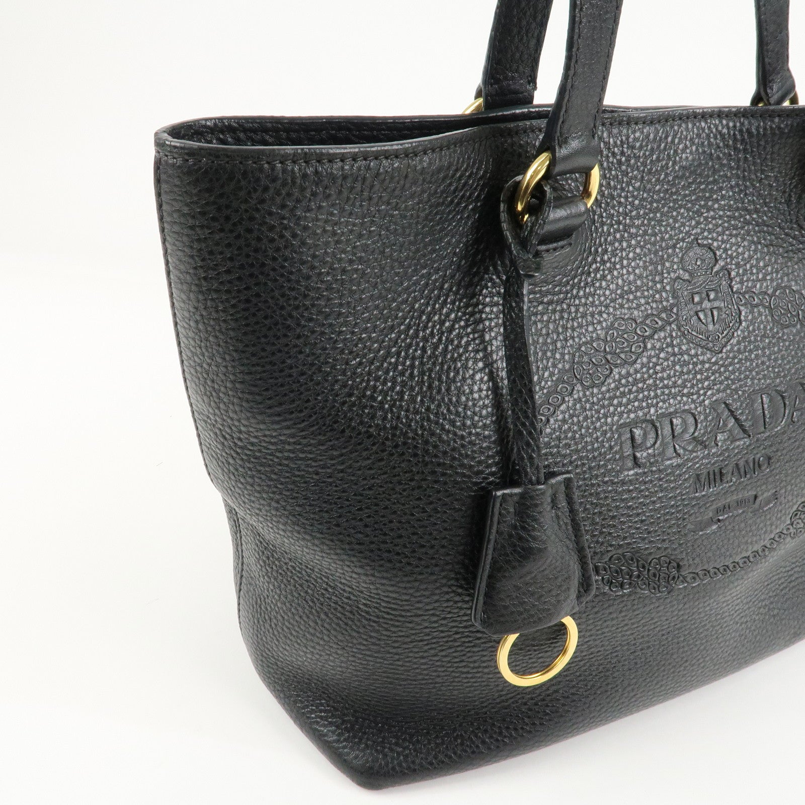 PRADA Logo Leather Tote Bag Shoulder Bag Black 1BG100 Used
