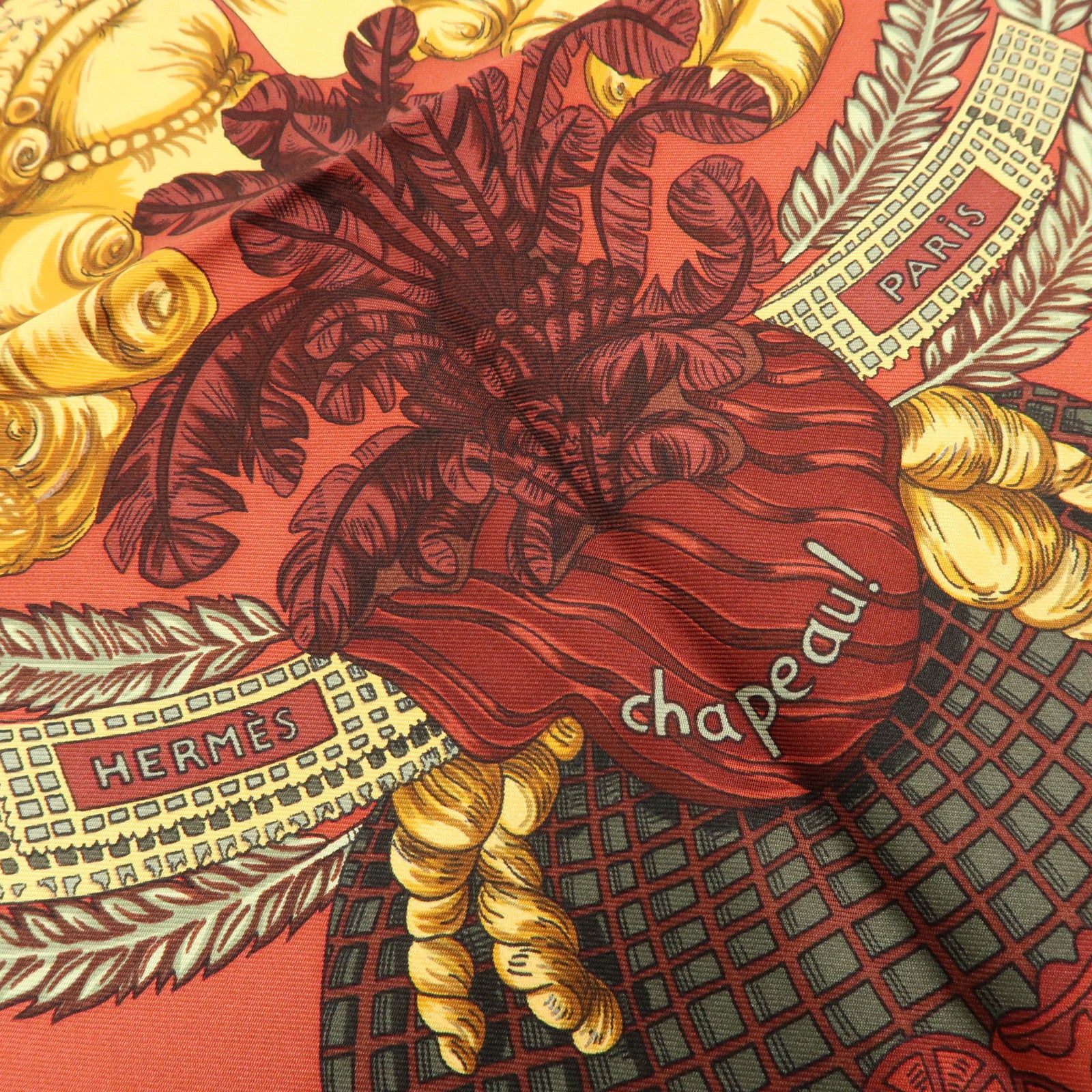 HERMES Carre 90 Silk 100% Scarf chapeau Scarf Red Brown