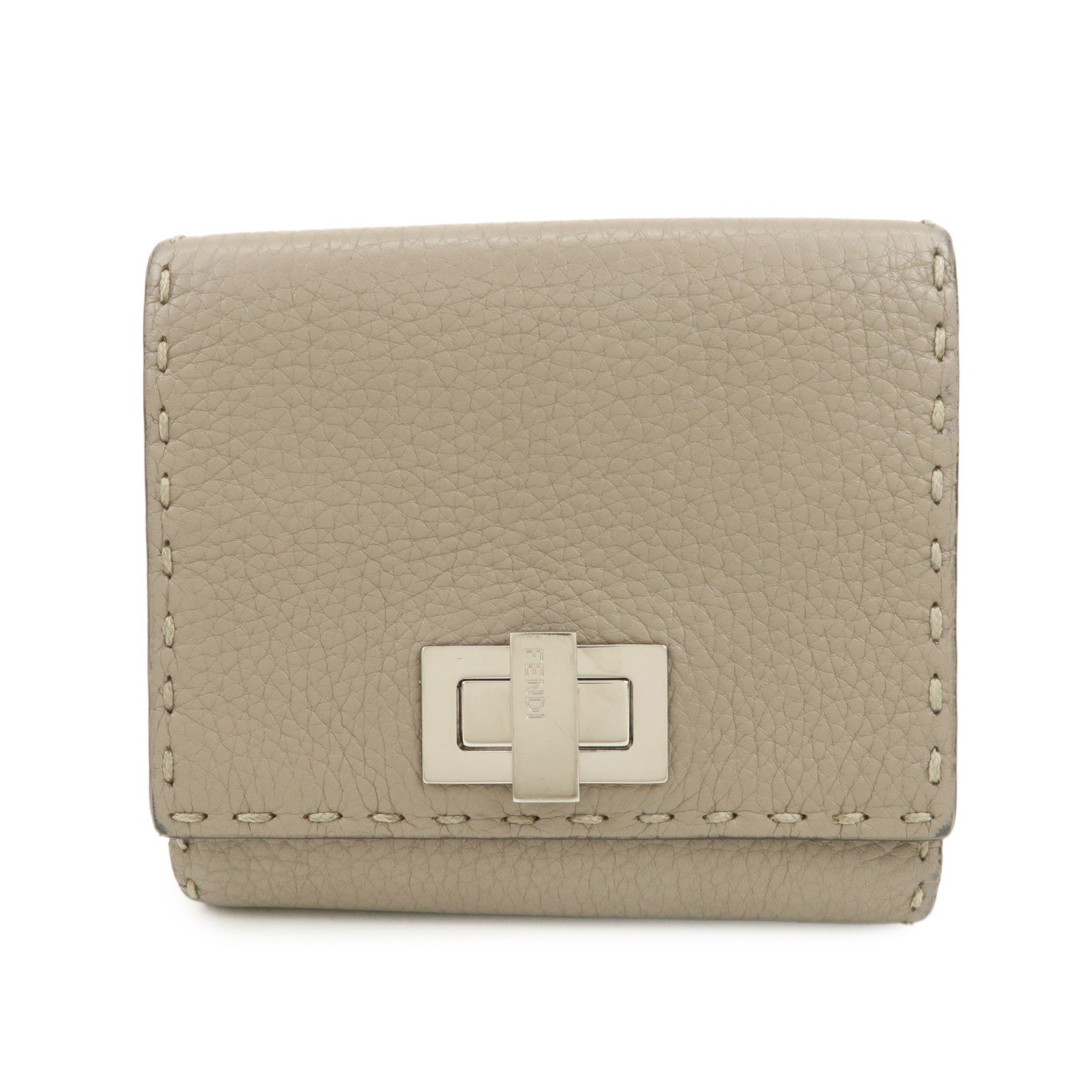 FENDI Logo Leather Compact Wallet Greige