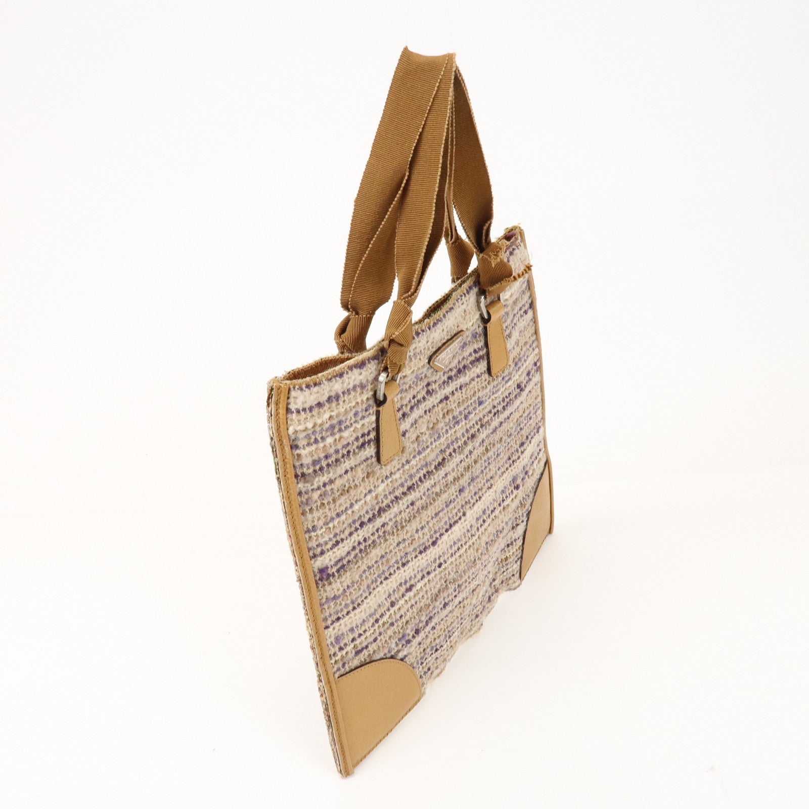 PRADA Triangle Logo Tweed Leather Hand Bag Light Brown Multicolor