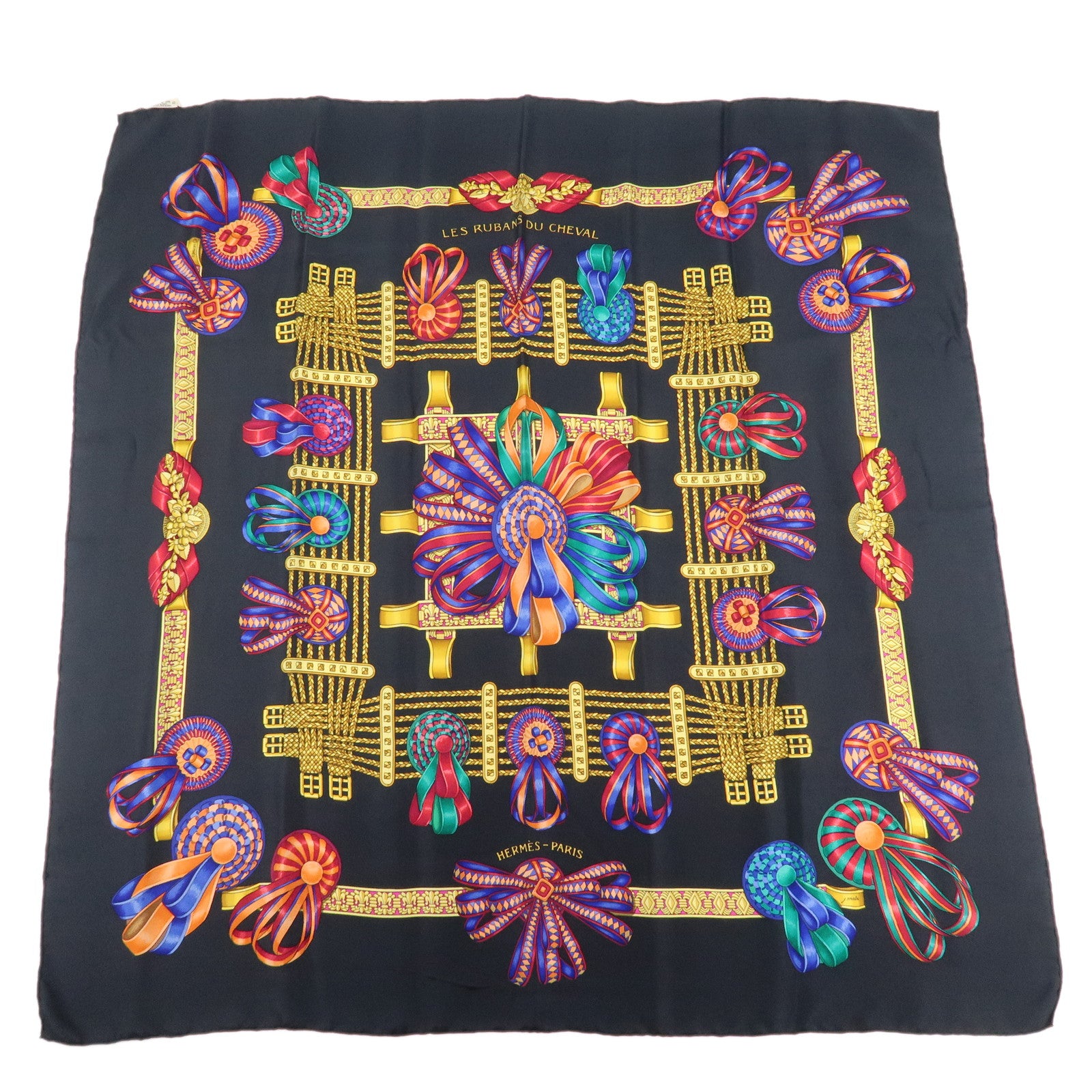 HERMES Carre90 Silk 100% Scarf Black Yellow Used