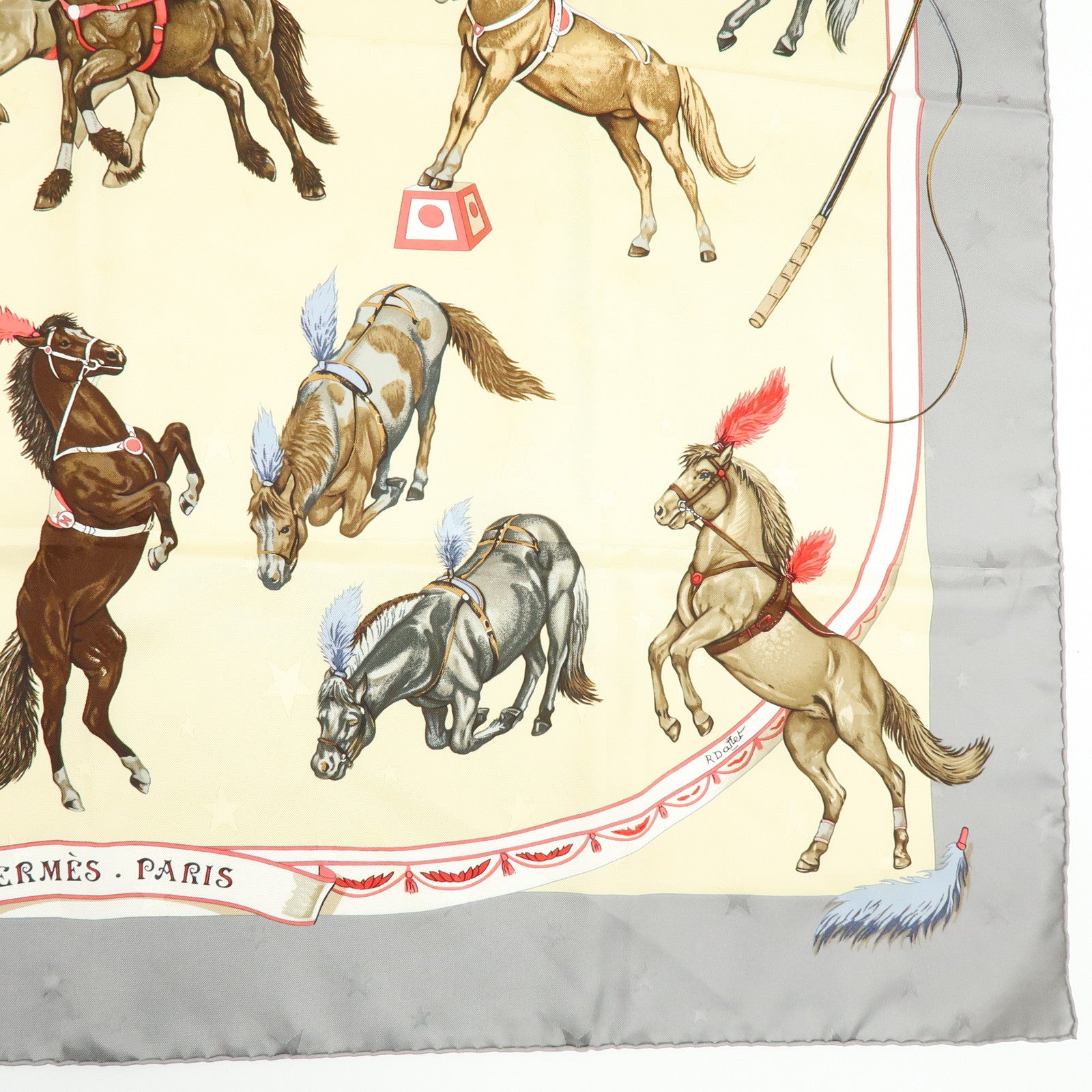 HERMES Carre 90 Silk 100% Scarf EN PISTE Horse Print Beige Gray