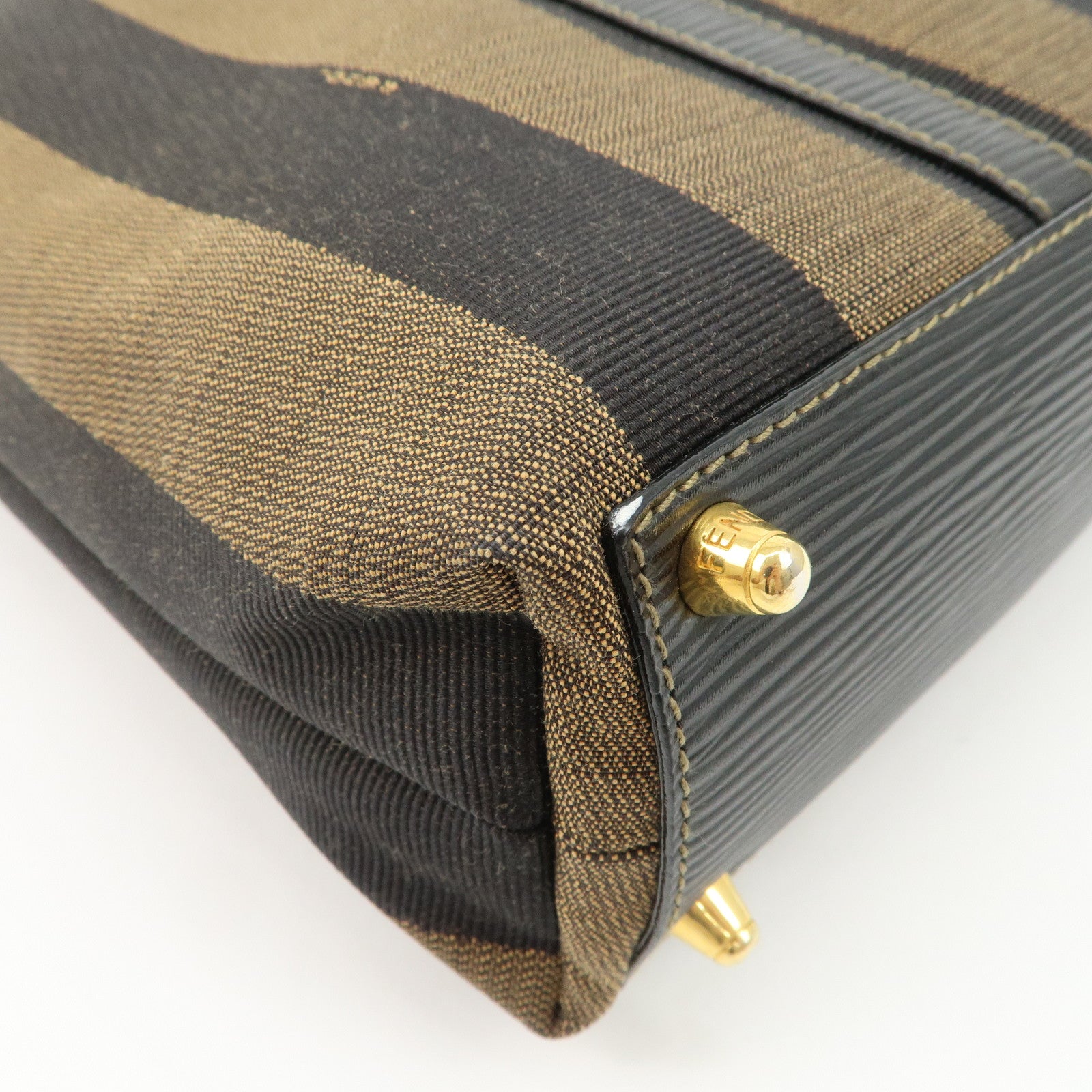 FENDI Pequin Canvas Leather Hand Bag Tote Bag Black Brown