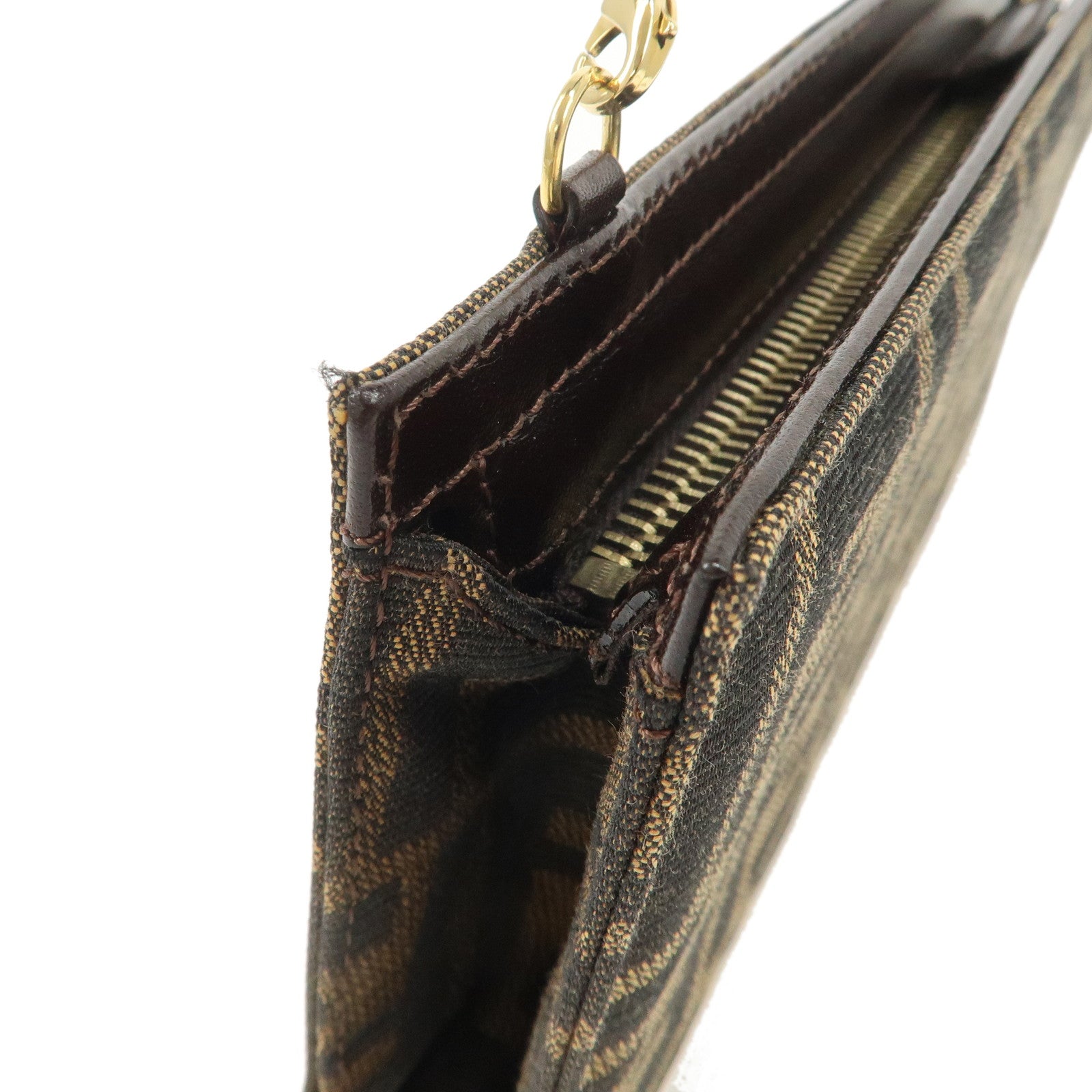 FENDI Zucca Leather Canvas Chain Shoulder Bag Brown