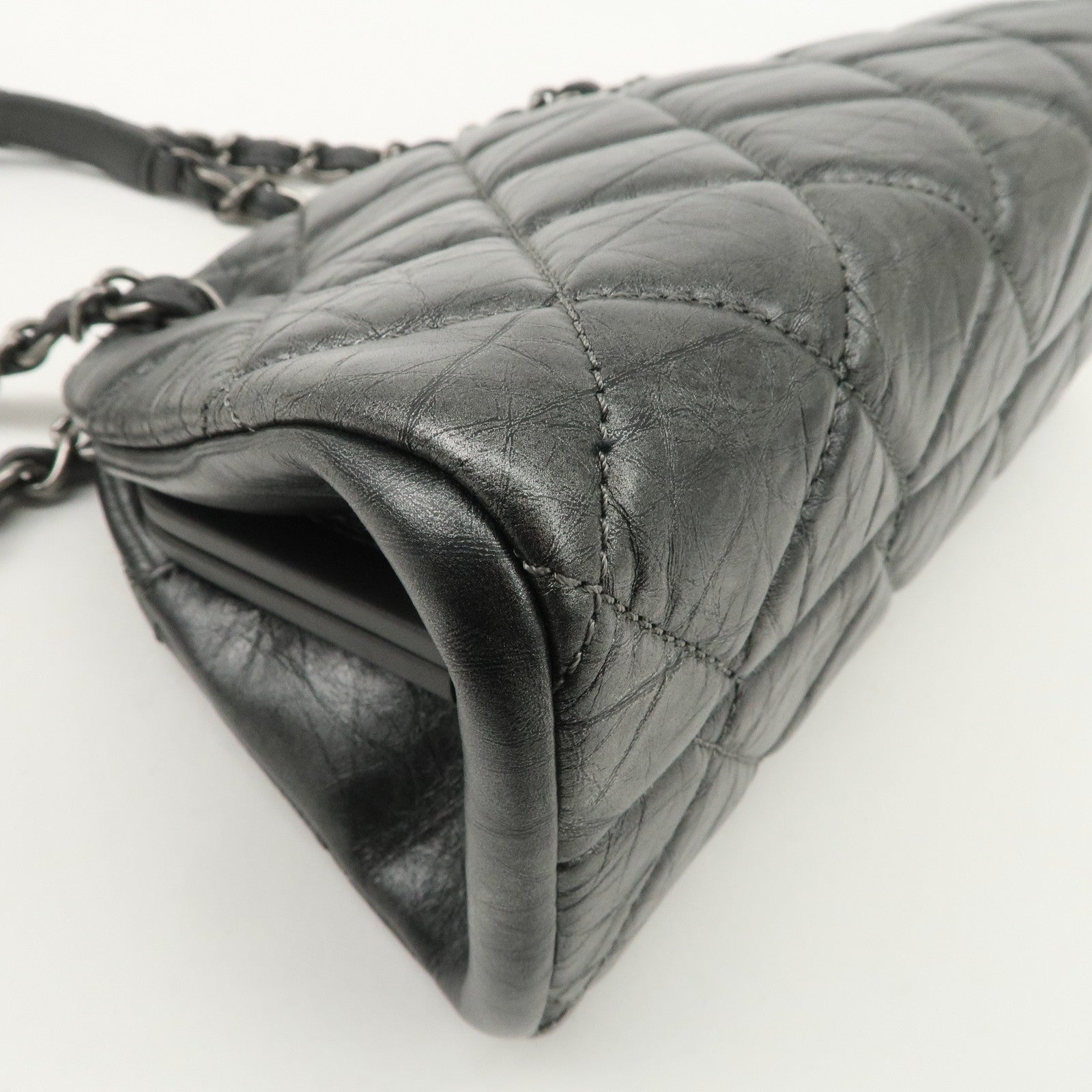CHANEL Matelasse Leather Mademoiselle Chain Shoulder Bag Gray Silver Used