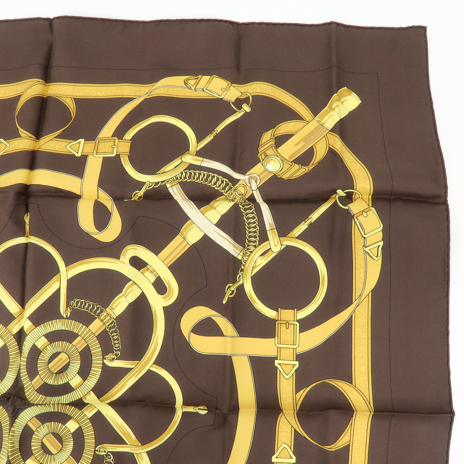 HERMES Carre 90 Silk 100% Scarf Eperon d'or Brown Gold