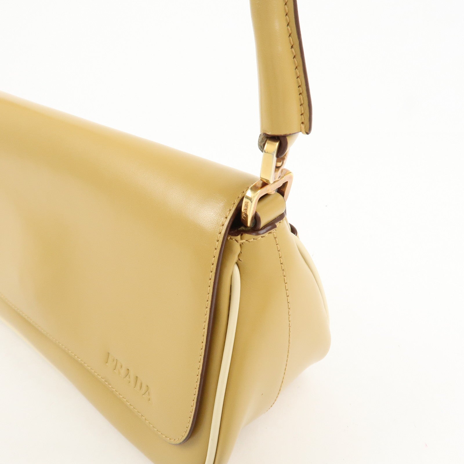 PRADA Logo Leather Shoulder Bag Hand Bag Beige
