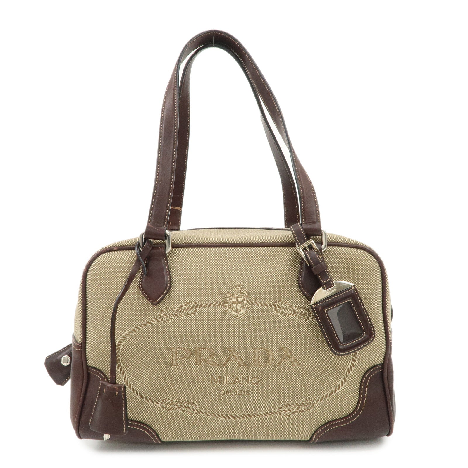 PRADA Logo Jacquard Leather Boston Bag Shoulder Bag Beige BL0260 Used