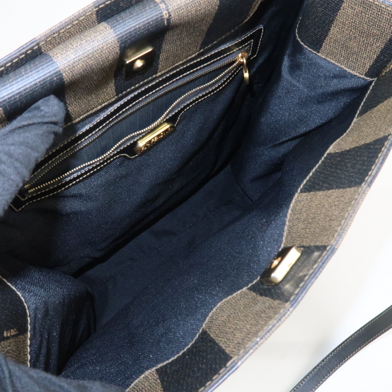 FENDI Pequin PVC Coating Canvas Leather Tote Bag Brown Black 259980