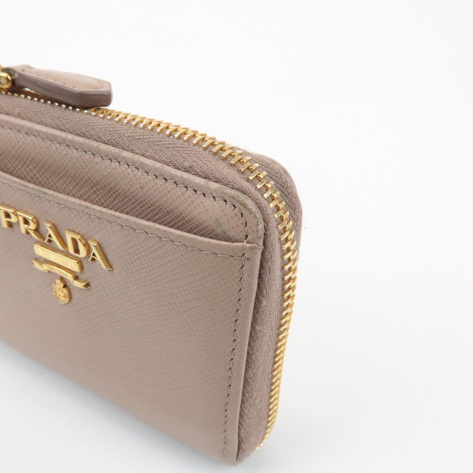 PRADA Logo Saffiano Leather Zippy Coin Case Pink Beige 1ML025 Used