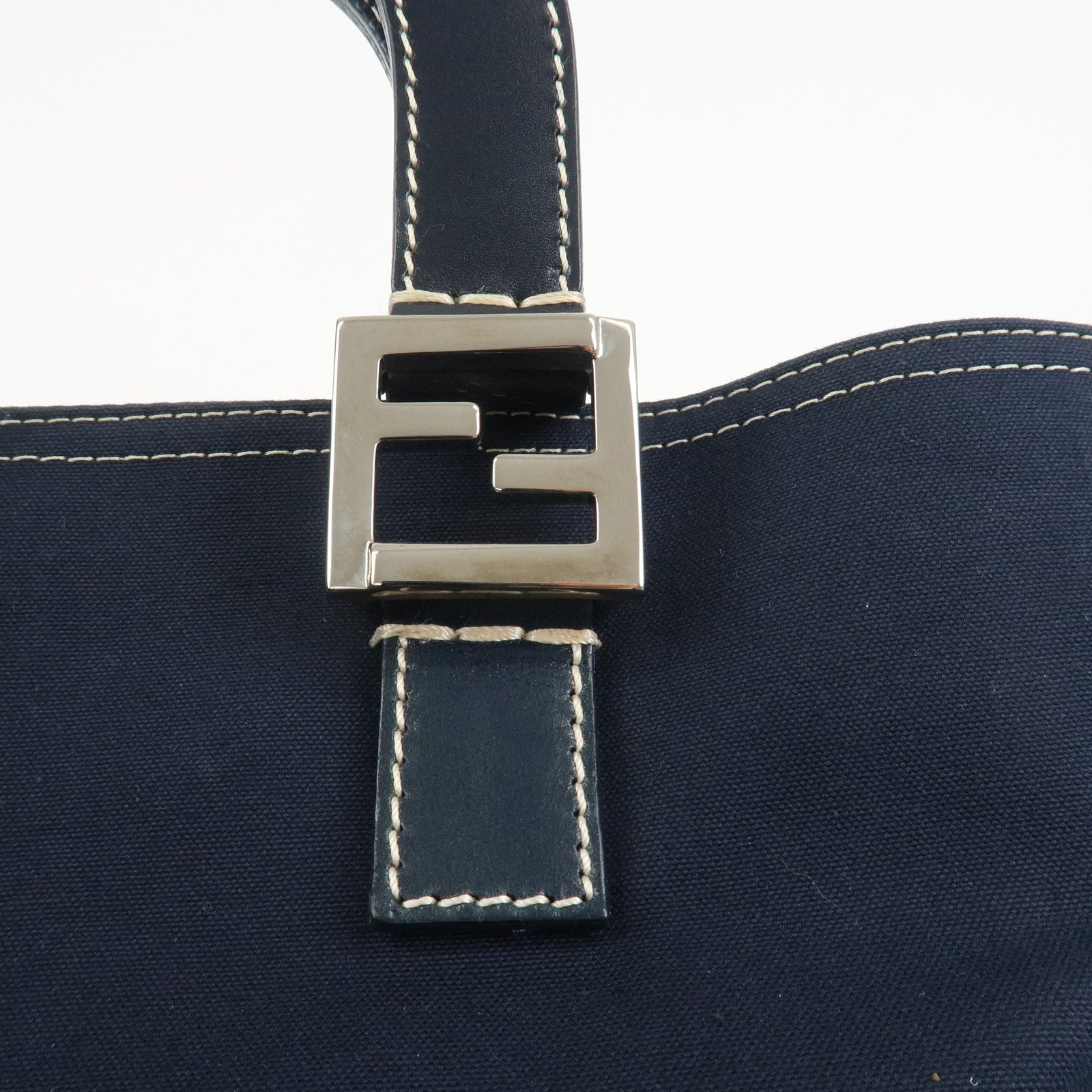 FENDI Canvas Leather Hand Bag Tote Bag Navy 26693
