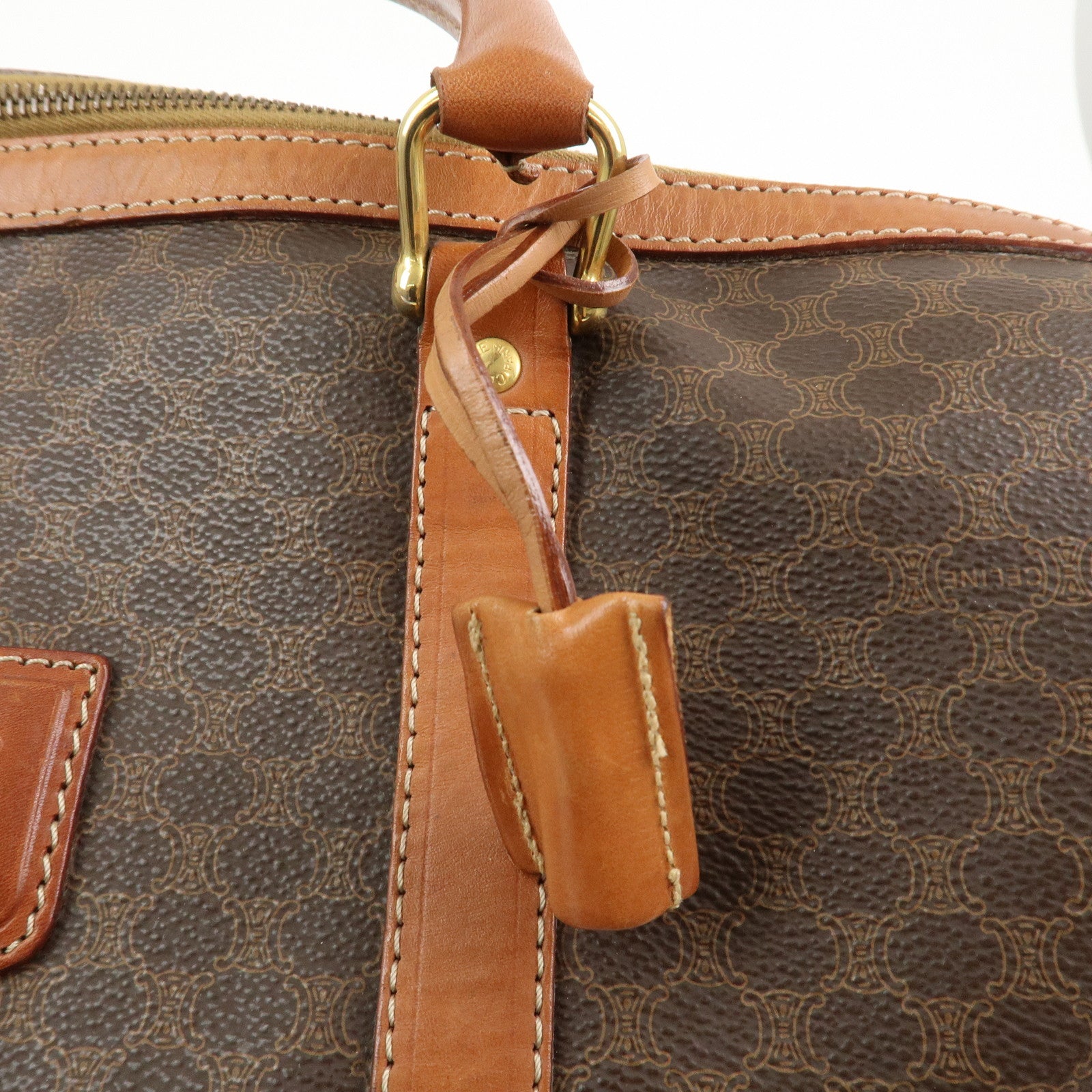 CELINE Macadam PVC Canvas Leather Boston Bag Hand Bag Brown