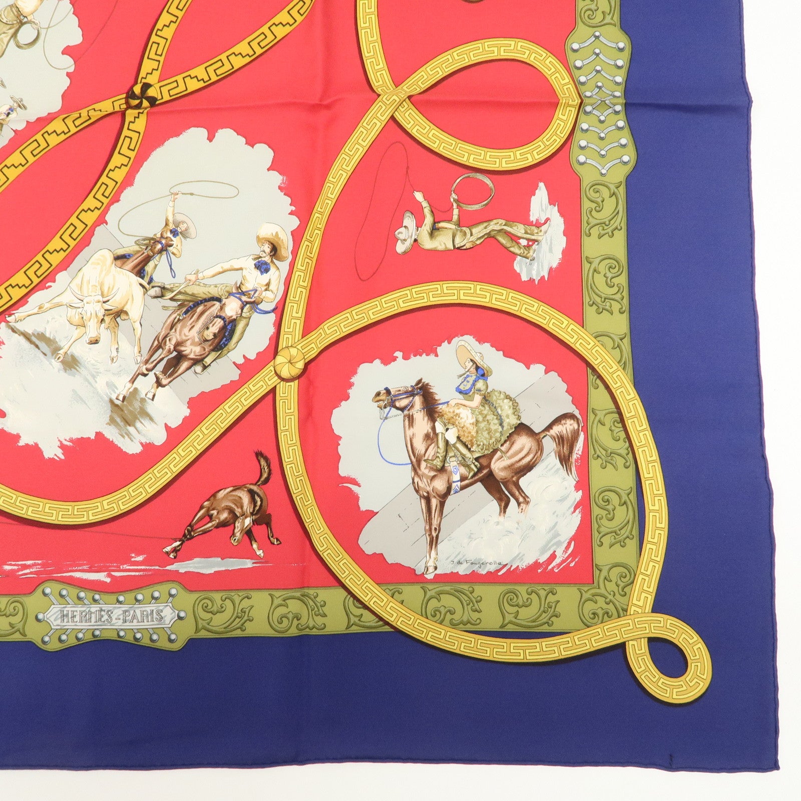 HERMES Carre 90 Silk 100% Scarf CHARREADA Gold Navy Red