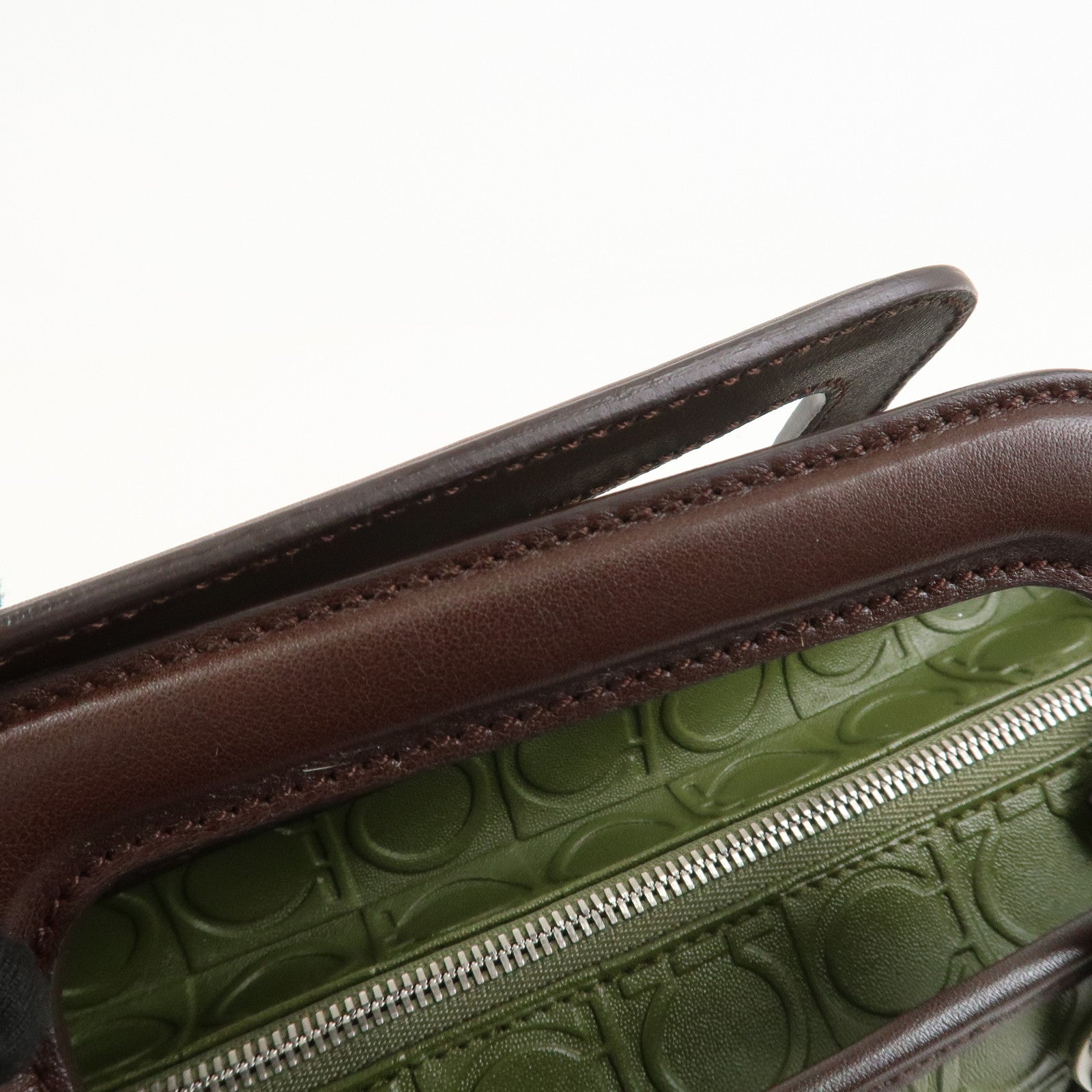 Ferragamo Gancini Embossed Leather 2Way Hand Shoulder Bag Green