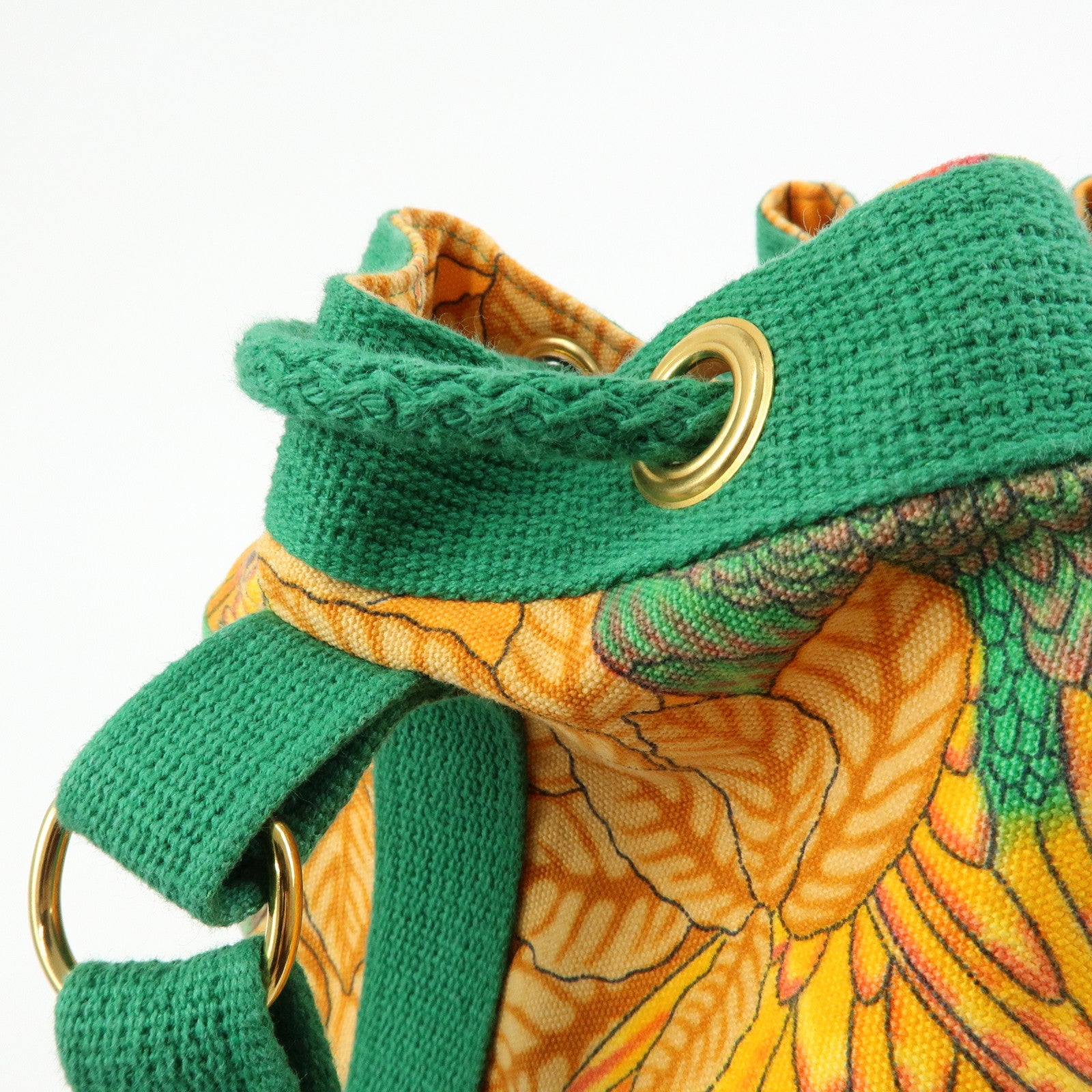 HERMES Canvas Drawstring Shoulder Bag Crossbody Bag Orange Green