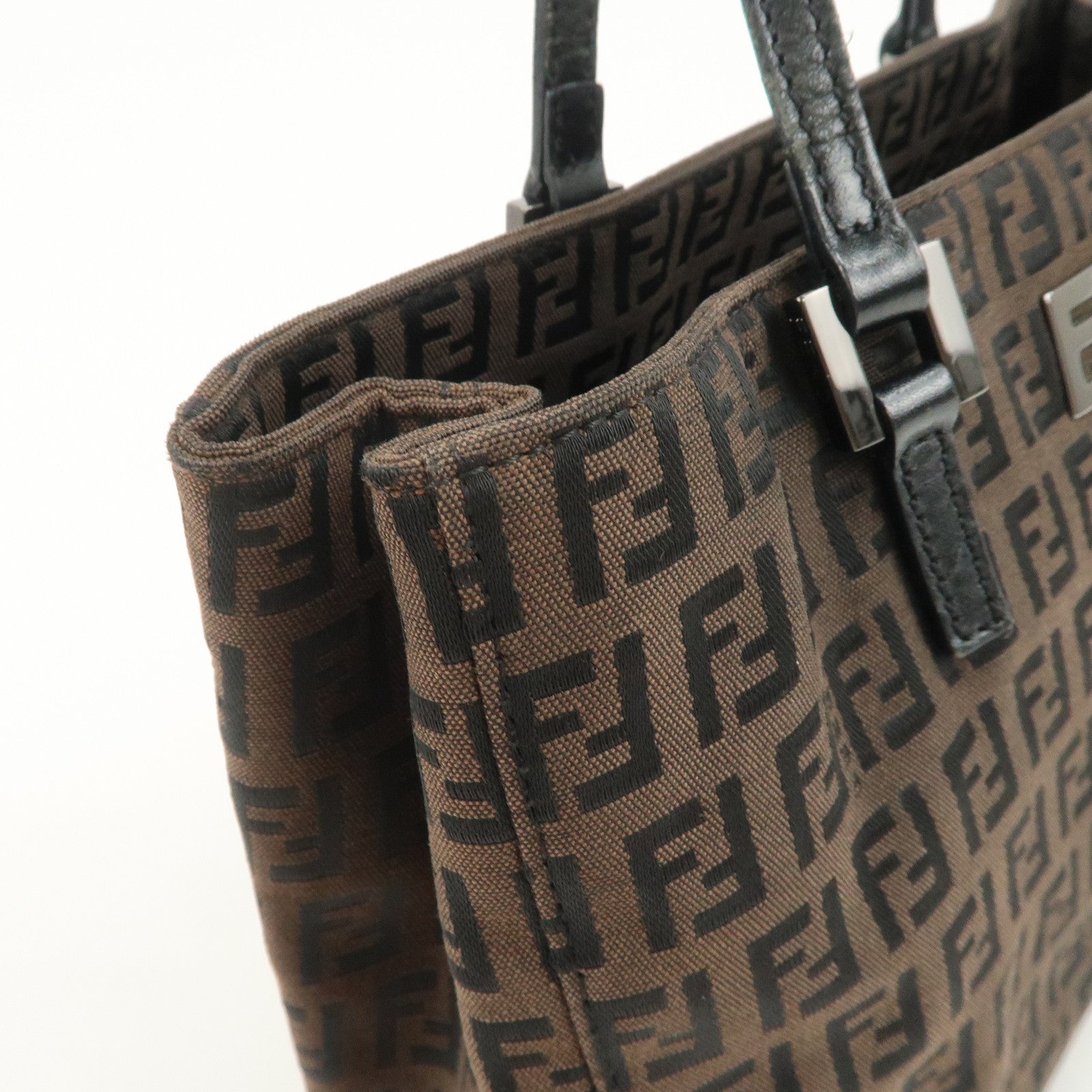 FENDI Zucchino Canvas Leather Tote Bag Hand Bag Dark Brown 8BH132