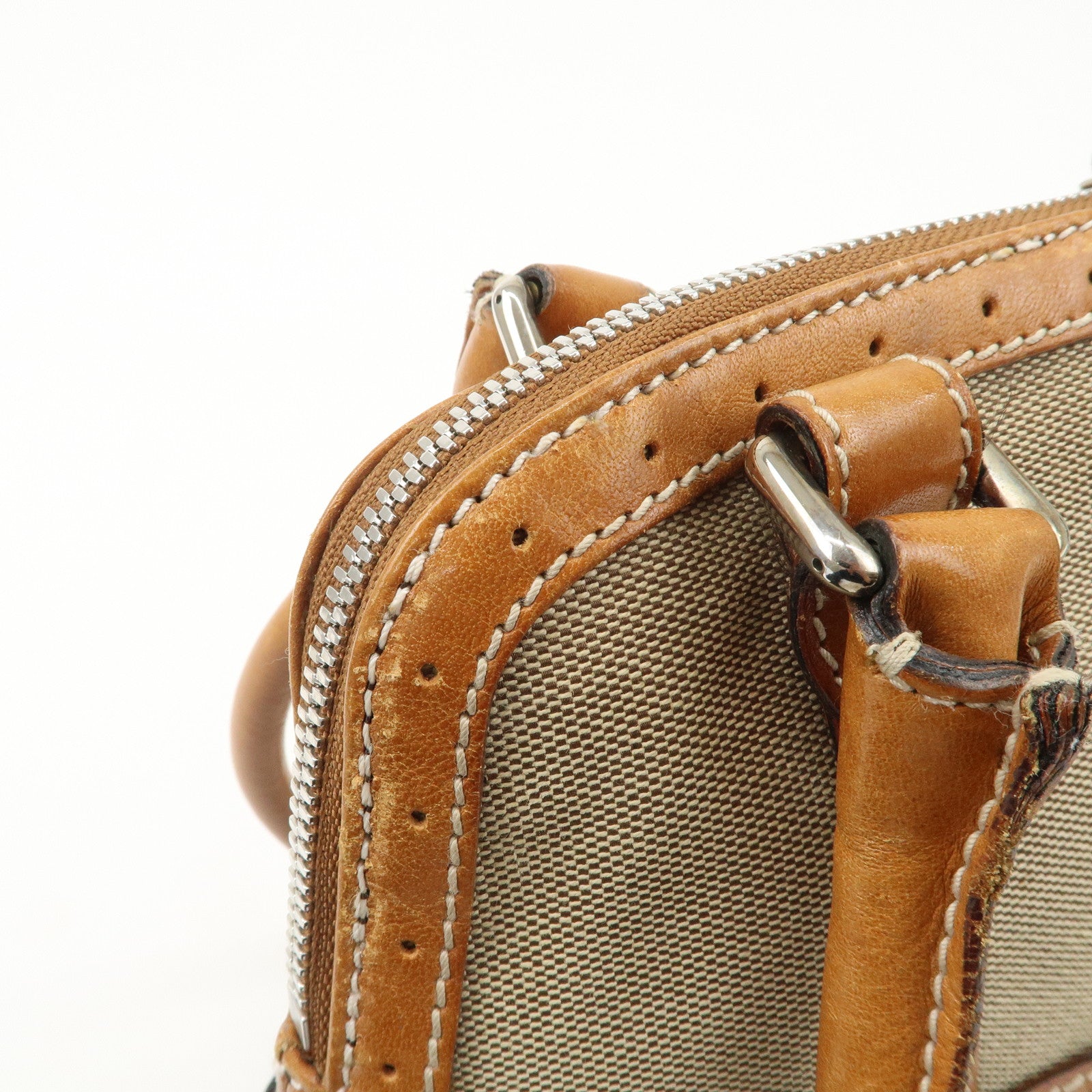 GUCCI Interlocking G Sherry Leather Canvas Hand Bag Beige 114882 Used