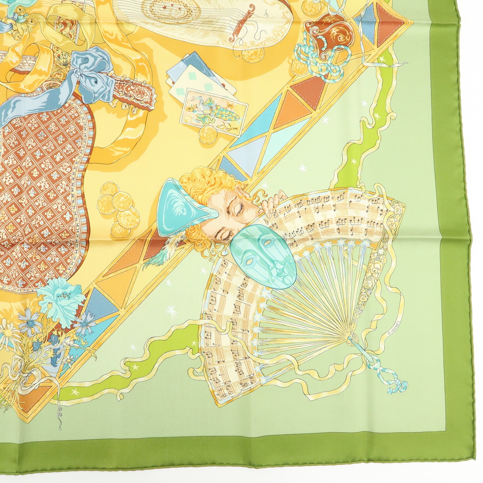 HERMES Carre90 Silk100% Scarf Mon Ami Pierrot Green Yellow Beige