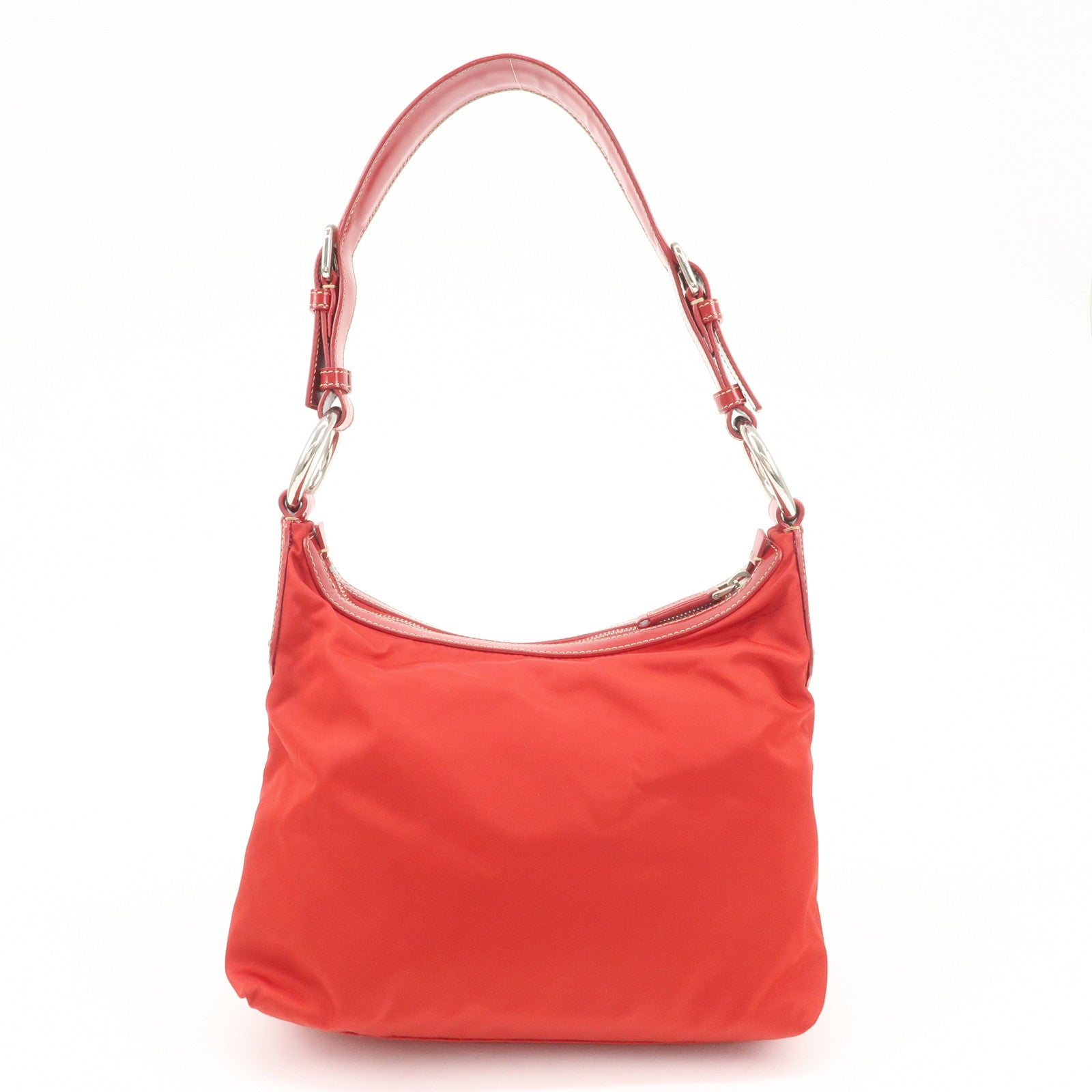 PRADA Logo Nylon Leather Shoulder Bag Silver HDW Red Used