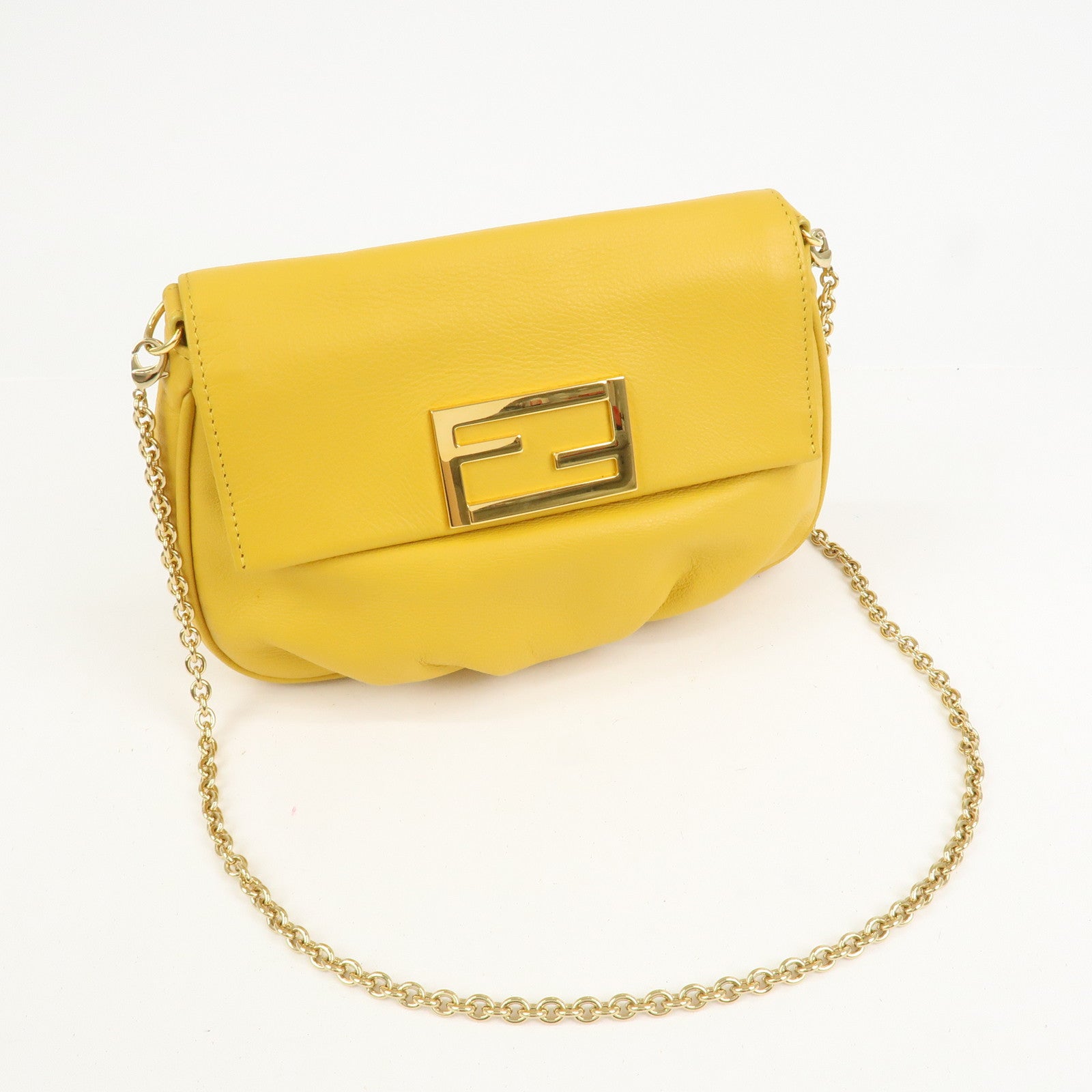 FENDI Leather Chain Shoulder Bag Purse Crossbody Bag Yellow 8M0276