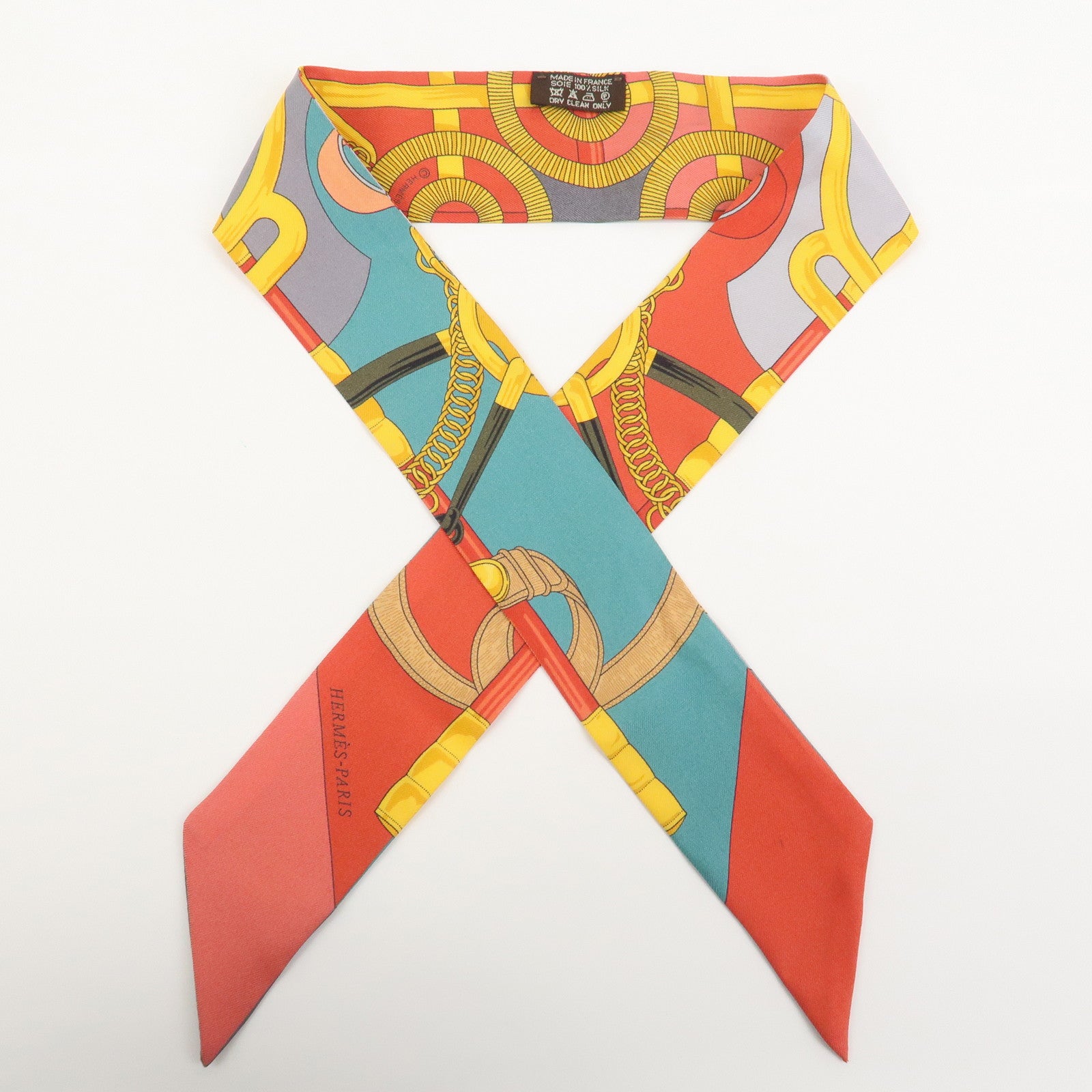 HERMES Twilly Silk 100% Scarf Eperon d'or Red Gray