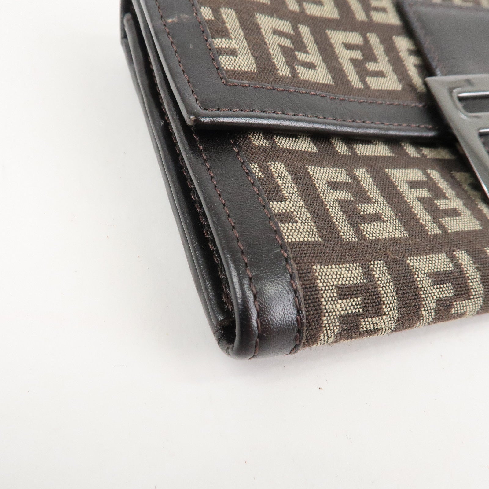 FENDI Zucchino Canvas Leather Bi-Fold Long Wallet Dark Brown 8M0021 Used