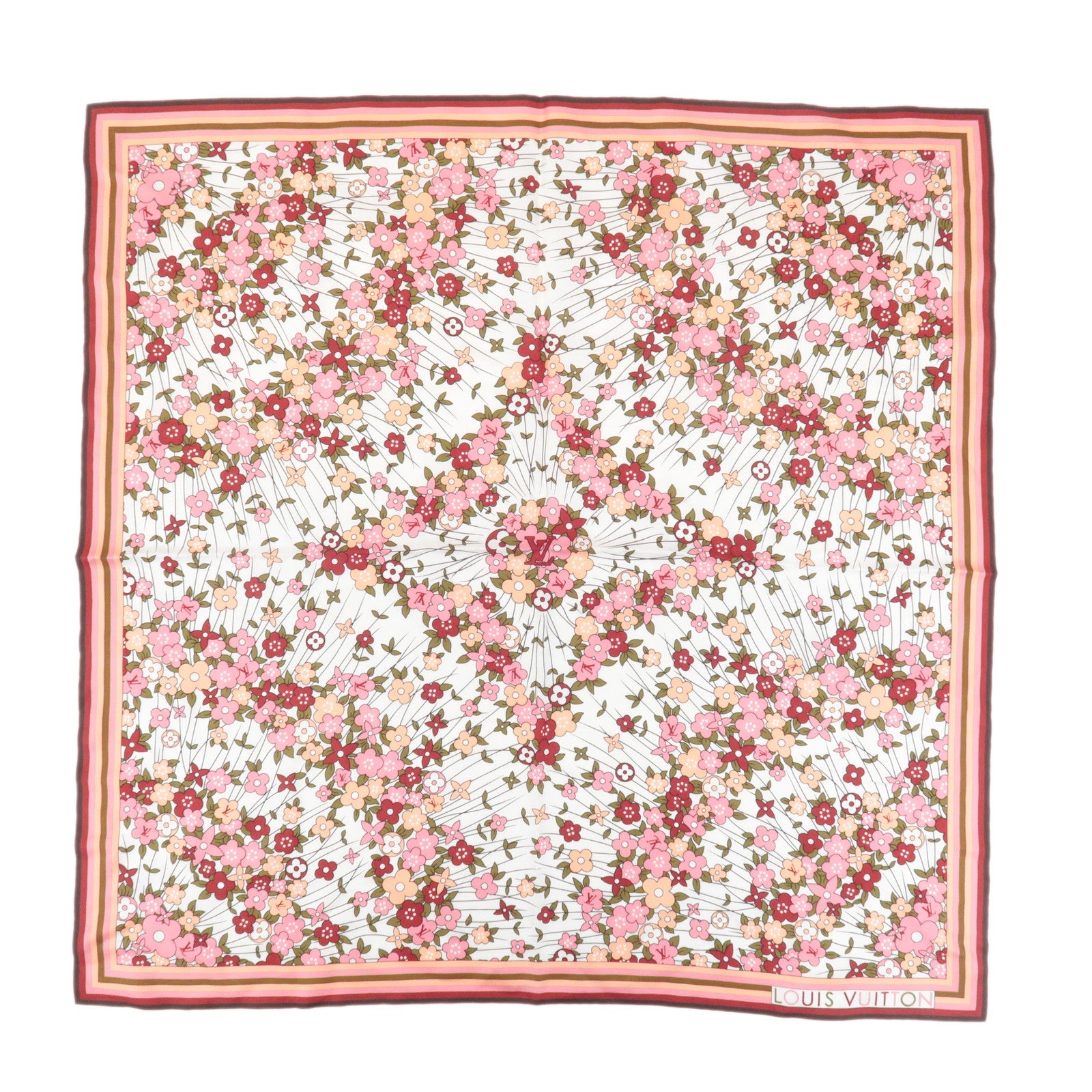 Louis Vuitton 100% Silk Scarf Flower Floral Pink Multicolor Used