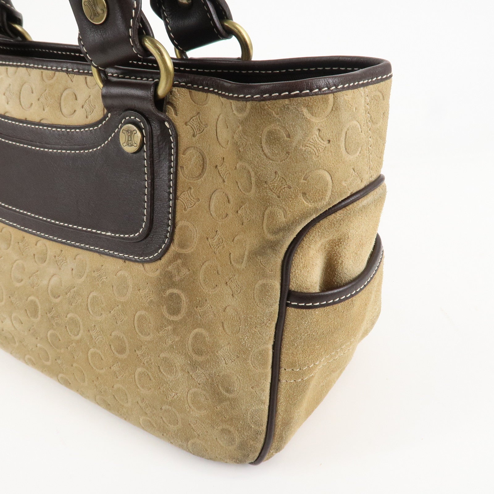 CELINE C Macadam Suede Boogie Bag Hand Bag Tote Bag Beige Dark Brown Used