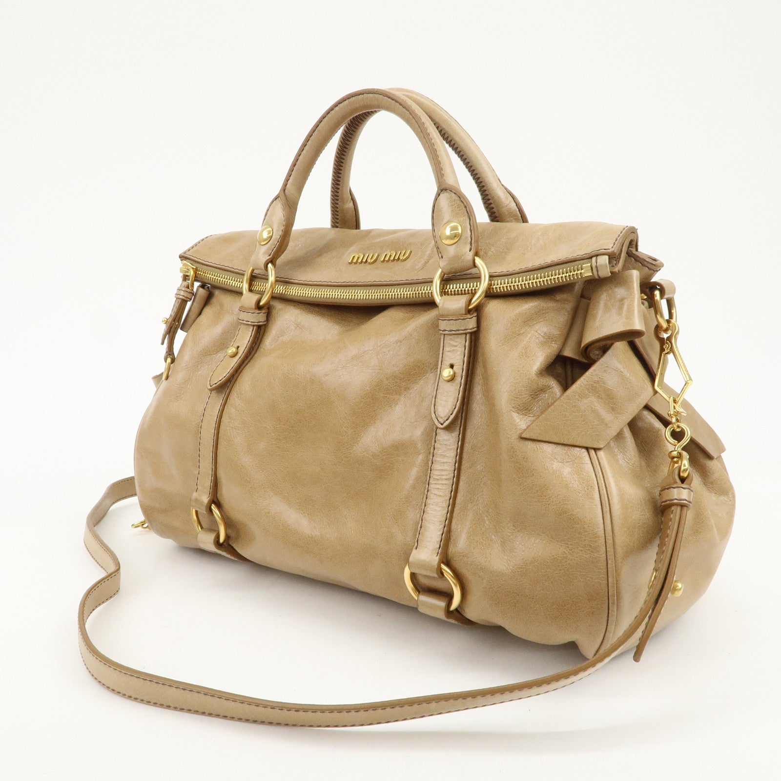 MIU MIU Leather Ribbon 2Way Bag Hand Bag Shoulder Bag Beige RT0365