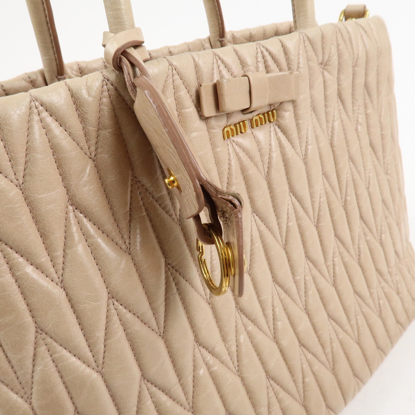 MIU MIU Leather Ribbon 2Way Shoulder Bag Hand Bag Tote Bag Beige RN1096