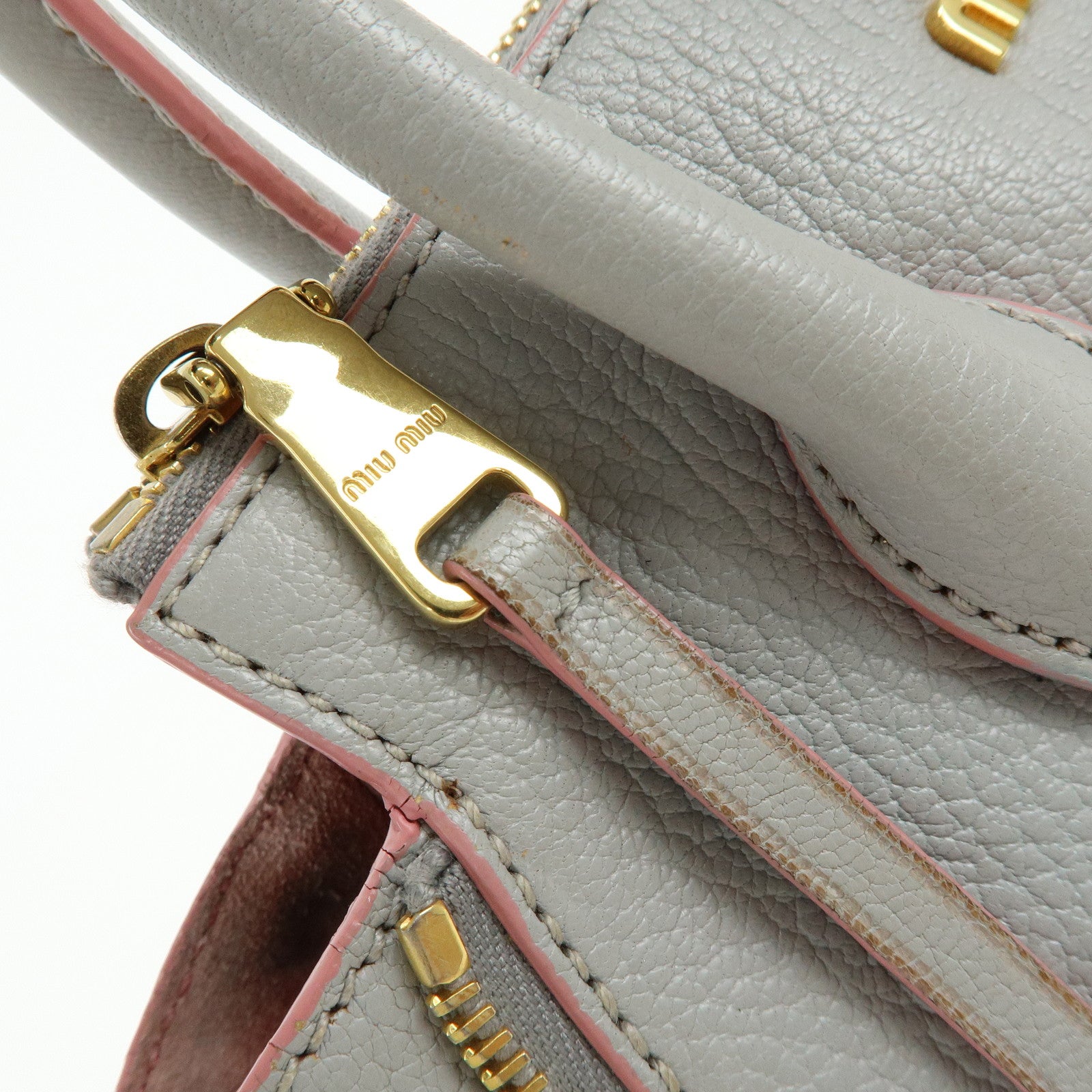 MIU MIU Madras Leather 2Way Bag Hand Bag Gray Pink 5BA003