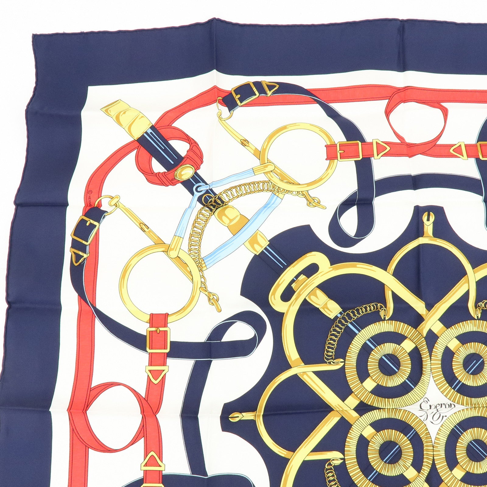 HERMES Carre 90 Silk 100% Scarf Eperon d'or Navy White Yellow Red
