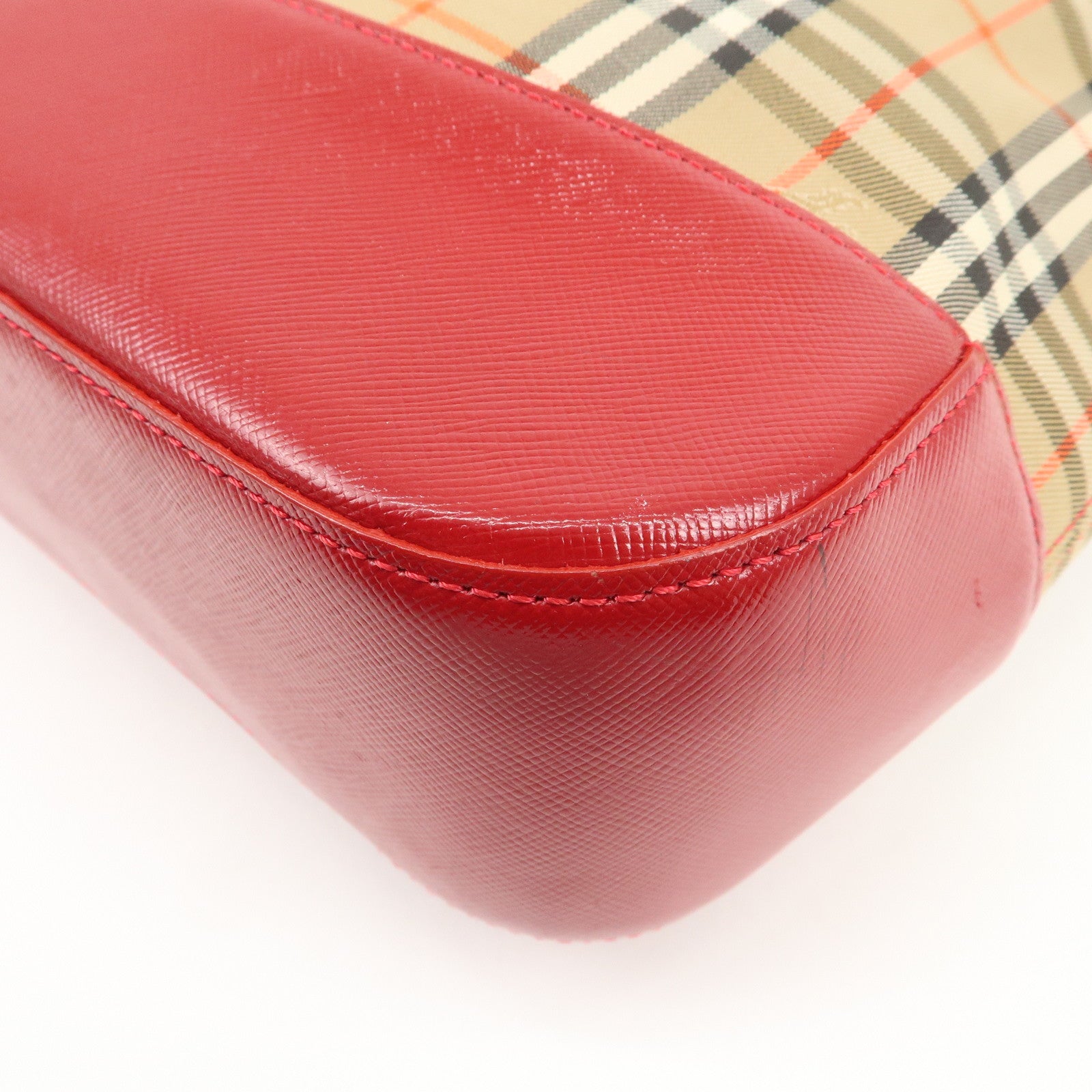 BURBERRY Leather Canvas Tote Bag Hand Bag Nova Plaid Red Beige Used