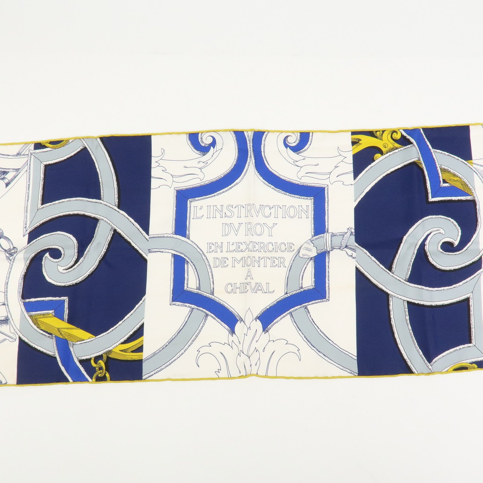 HERMES Maxi Twilly Silk 100% Scarf L'INSTRVCTION DV ROY Blue White