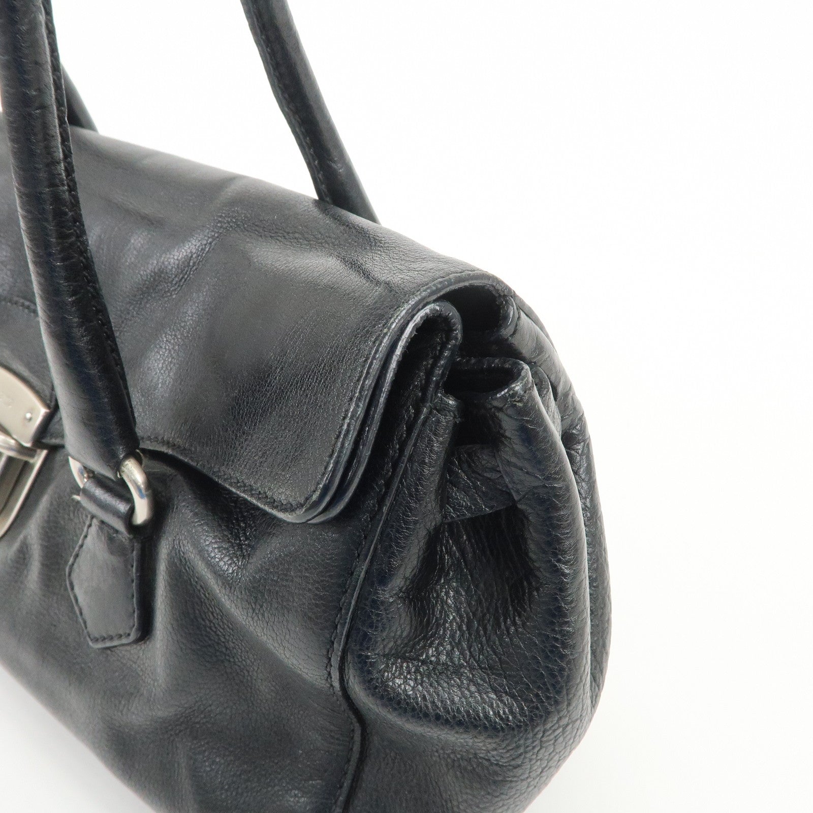 PRADA Triangle Logo Leather Shoulder Bag Hand Bag Black