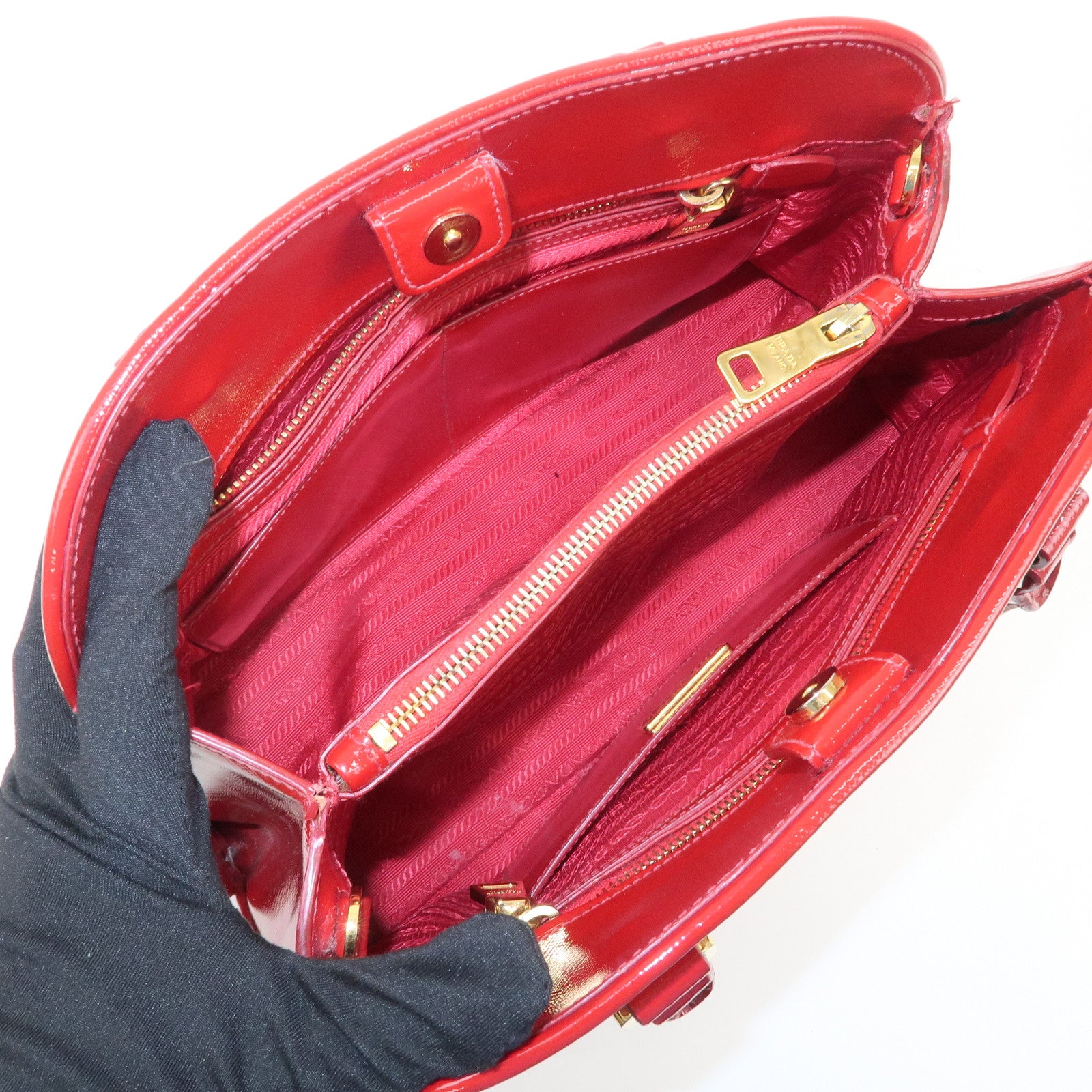 PRADA Triangle Logo Patent Leather 2WAY Bag Hand Bag Red BN2567