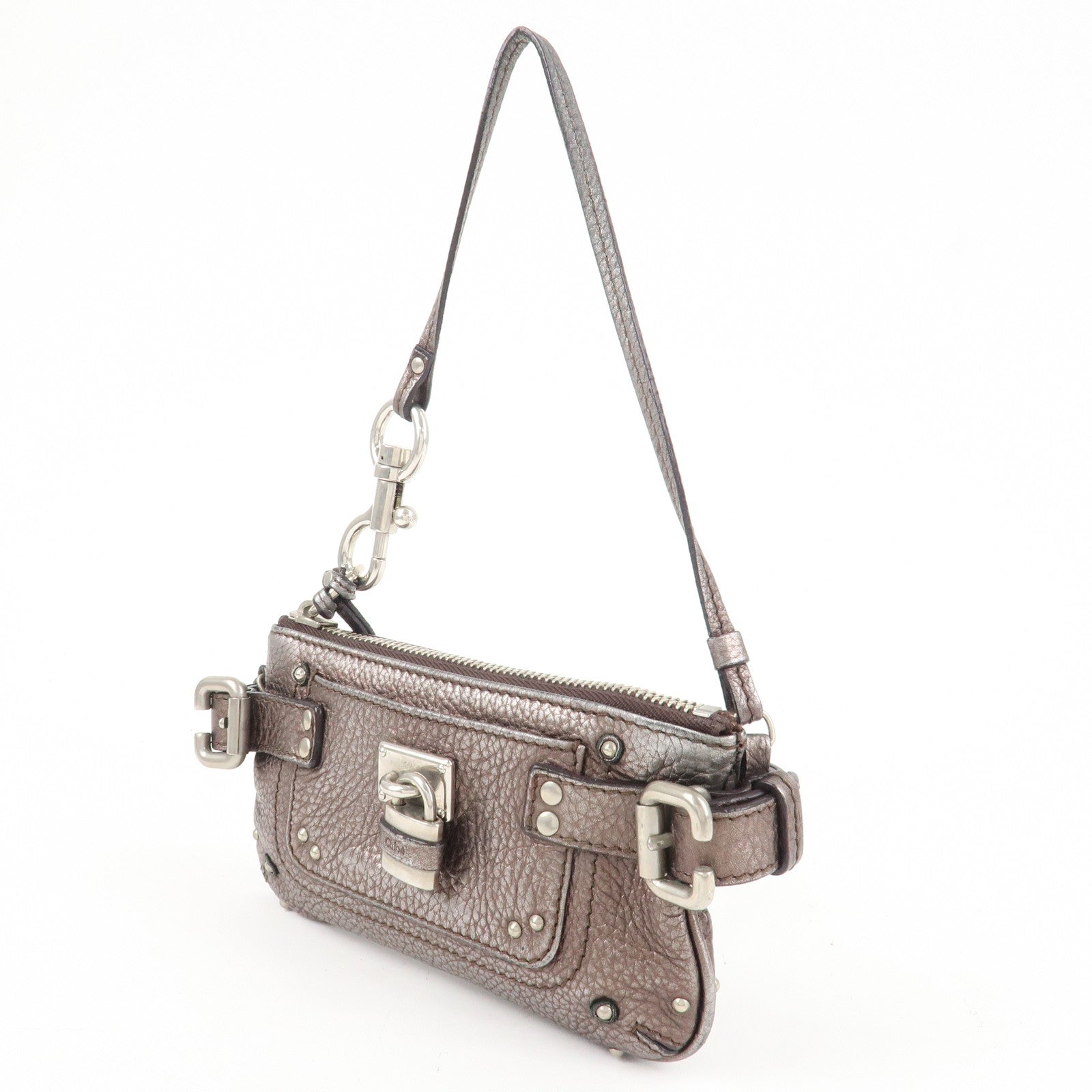 Chloe Paddington Leather Mini Bag Pouch Metallic Silver Used