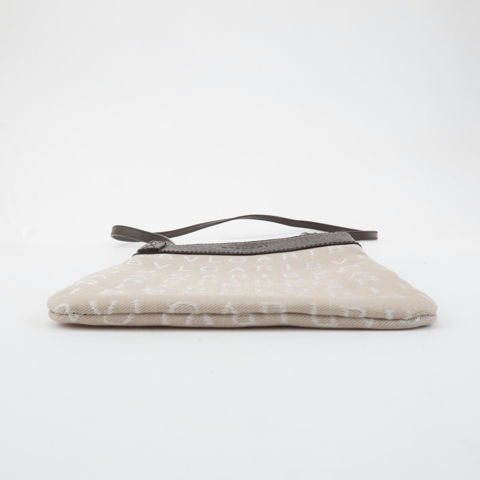 BVLGARI Logo Mania Canvas Leather Shoulder Bag Beige Brown Used