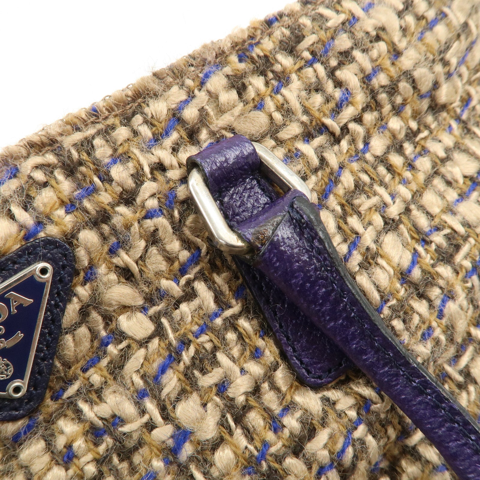 PRADA Triangle Logo Tweed Leather Tote Bag Purple Beige B11261 Used