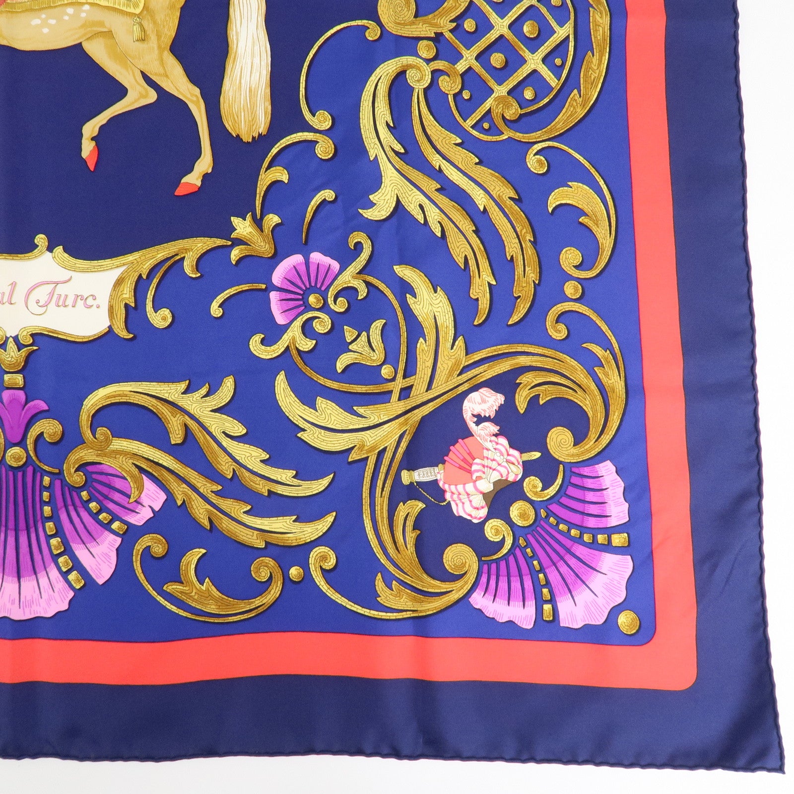 HERMES Carre 90 Silk 100% Scarf Cheval Turc Blue Gold Navy Used