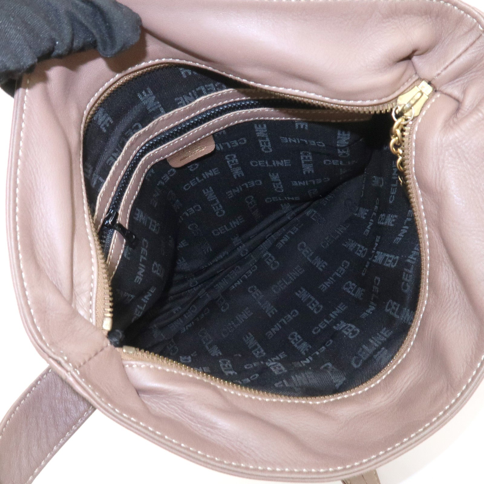CELINE Logo Leather Shoulder Bag Crossbody Bag Greige