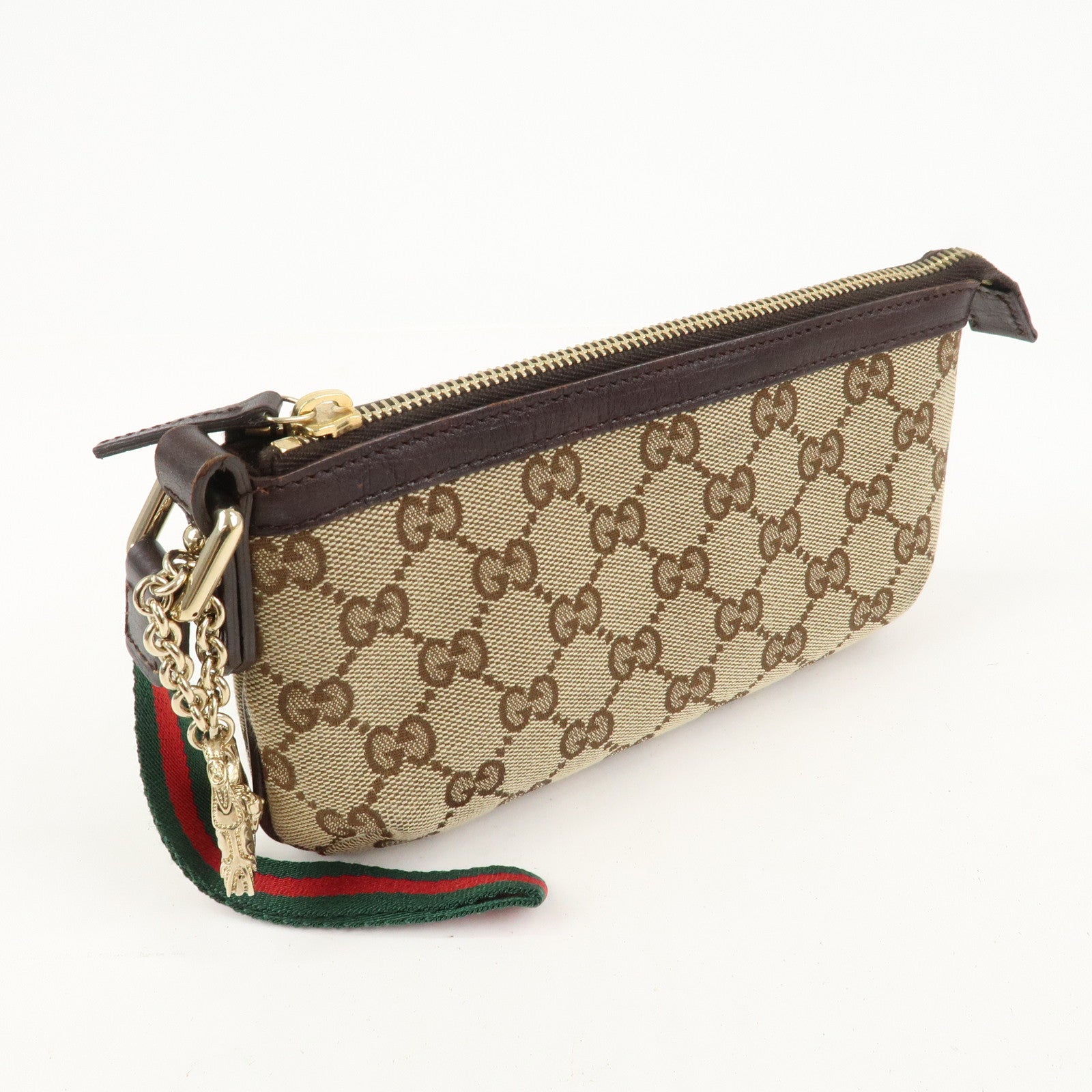 GUCCI Sherry GG Canvas Leather Pouch Hand Bag Beige Brown 152507