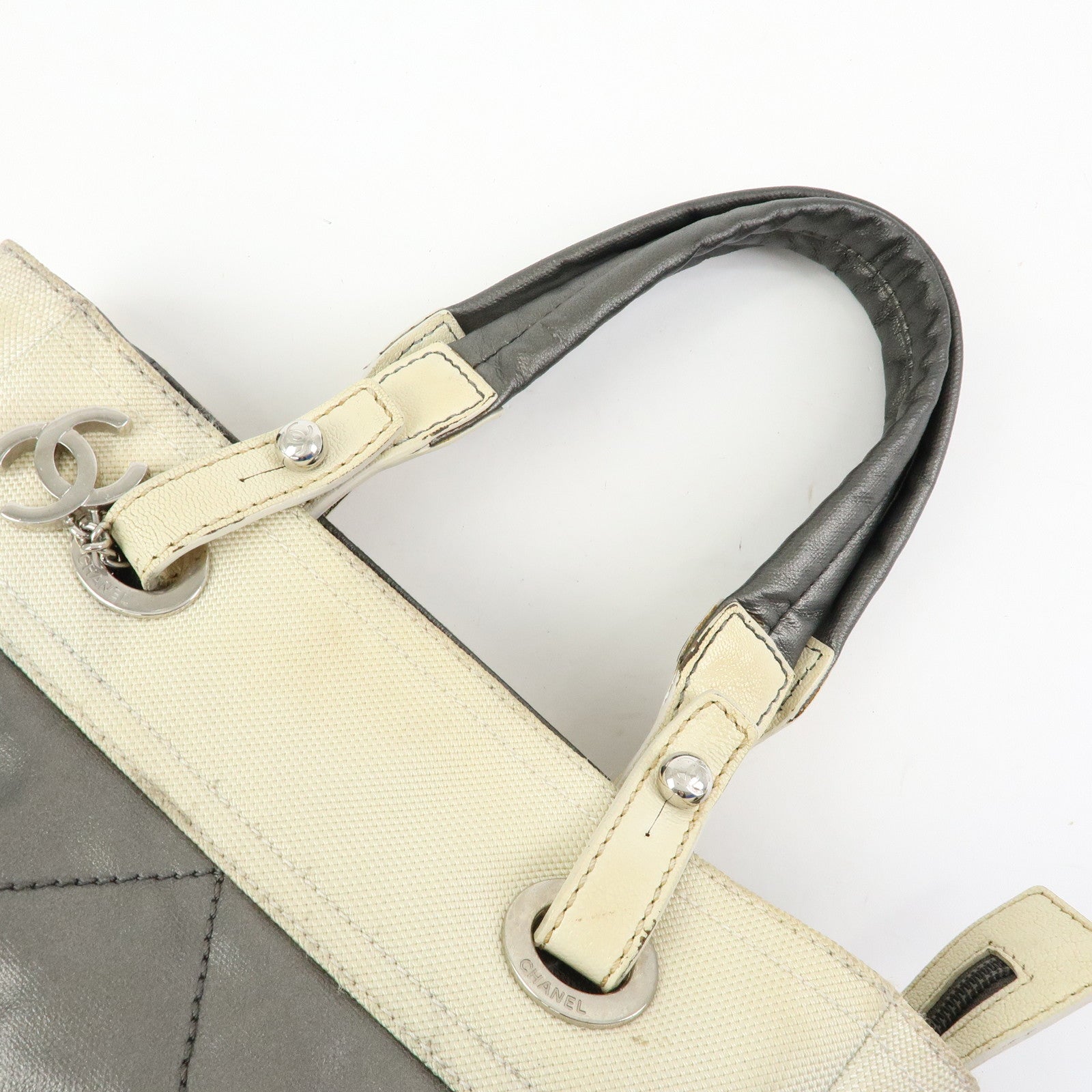 CHANEL Paris Biarritz PM Coated Canvas Leather Tote Bag Gray A34208
