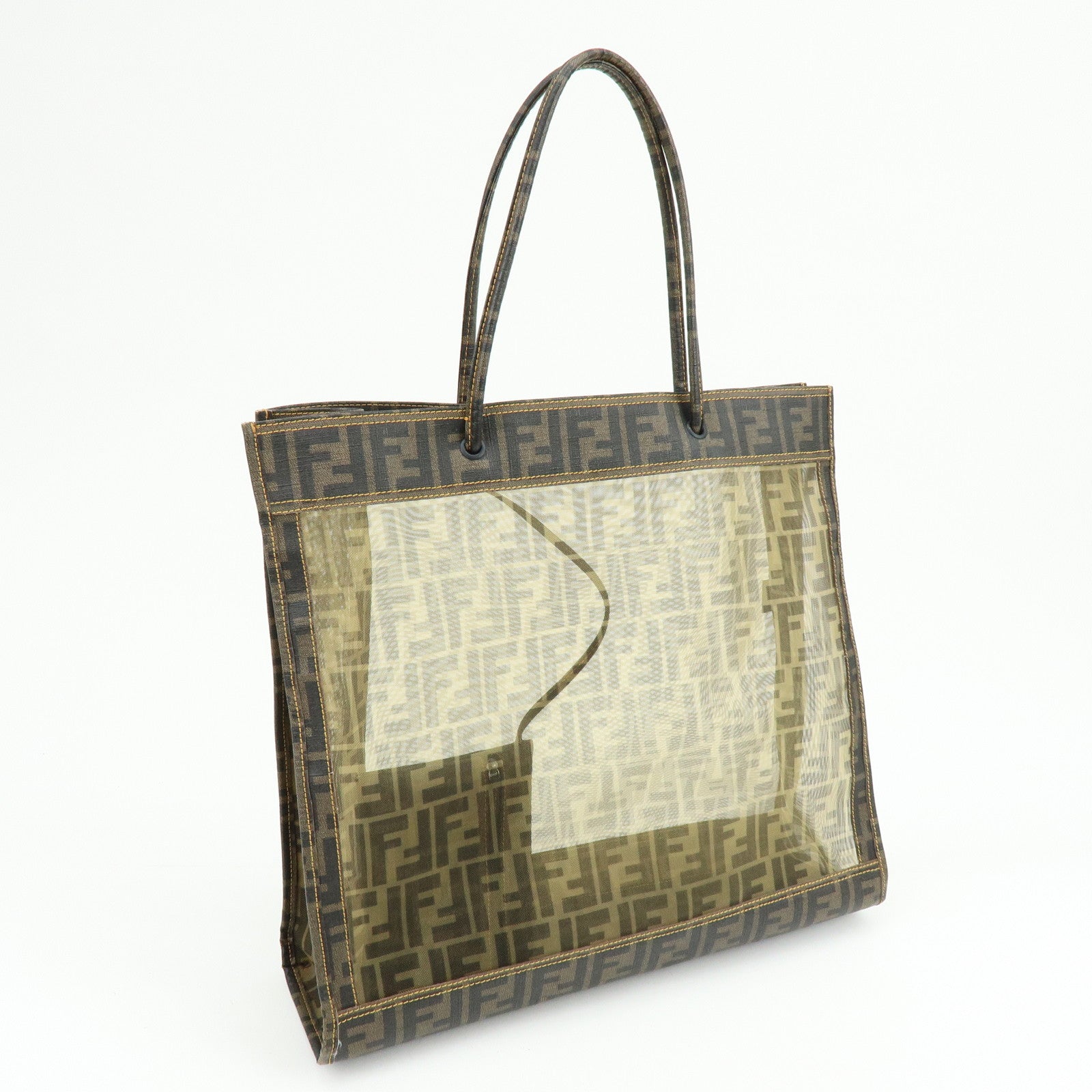 FENDI Zucca Mesh PVC Coated Tote Bag Shoulder Bag Brown 8BH184
