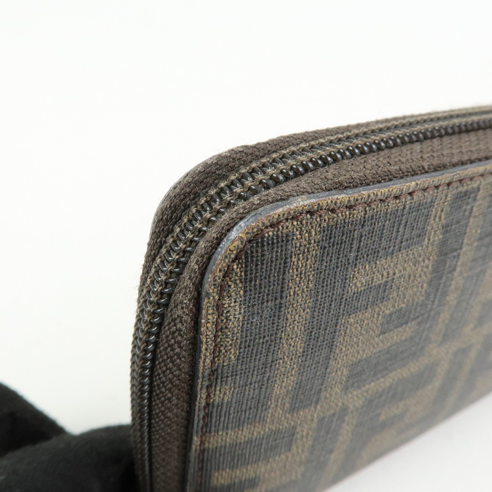 FENDI Zucchino Canvas Leather Round Zippy Long Wallet Brown 8M0024