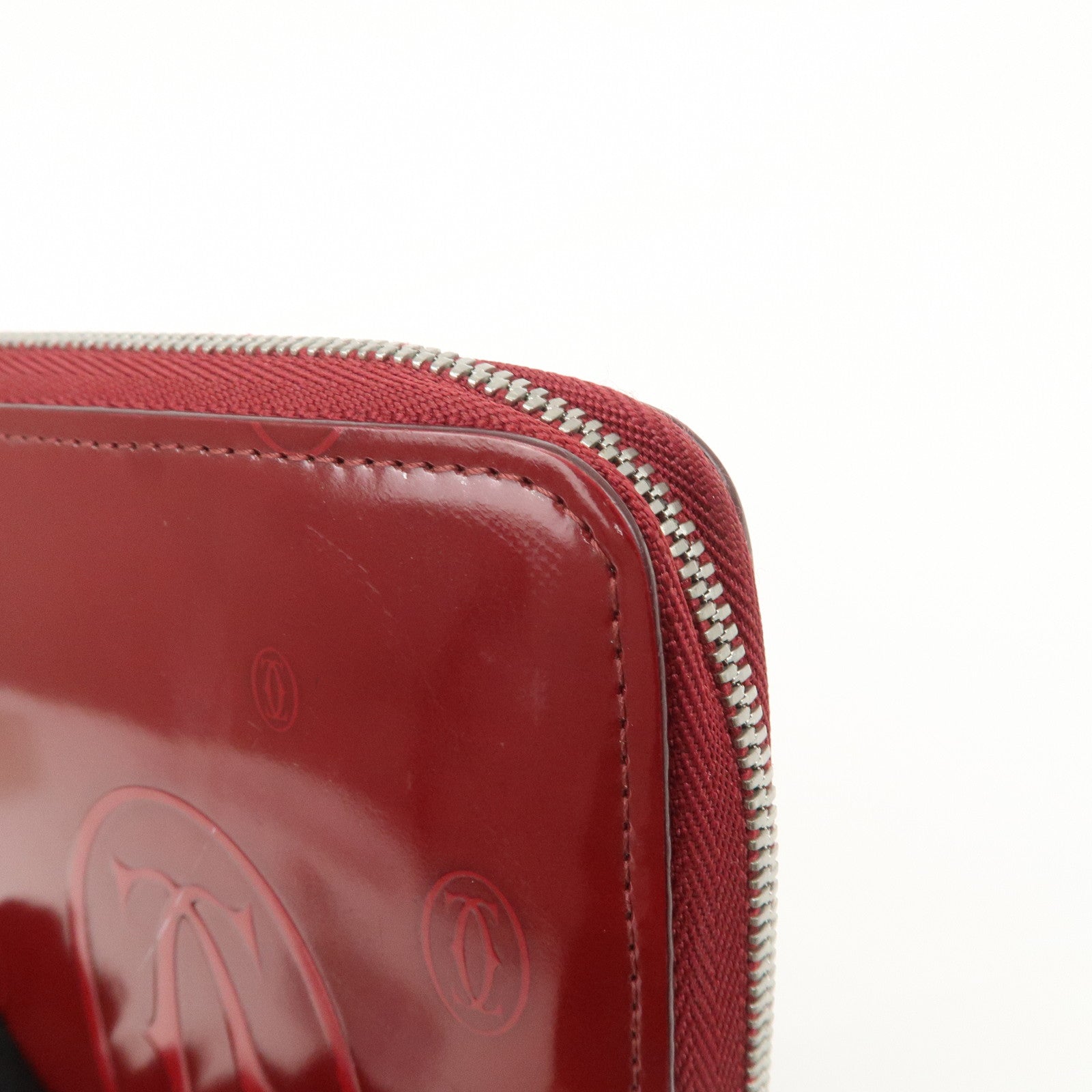 Cartier 2C Patent Leather Round Zippy Long Wallet Bordeaux Used