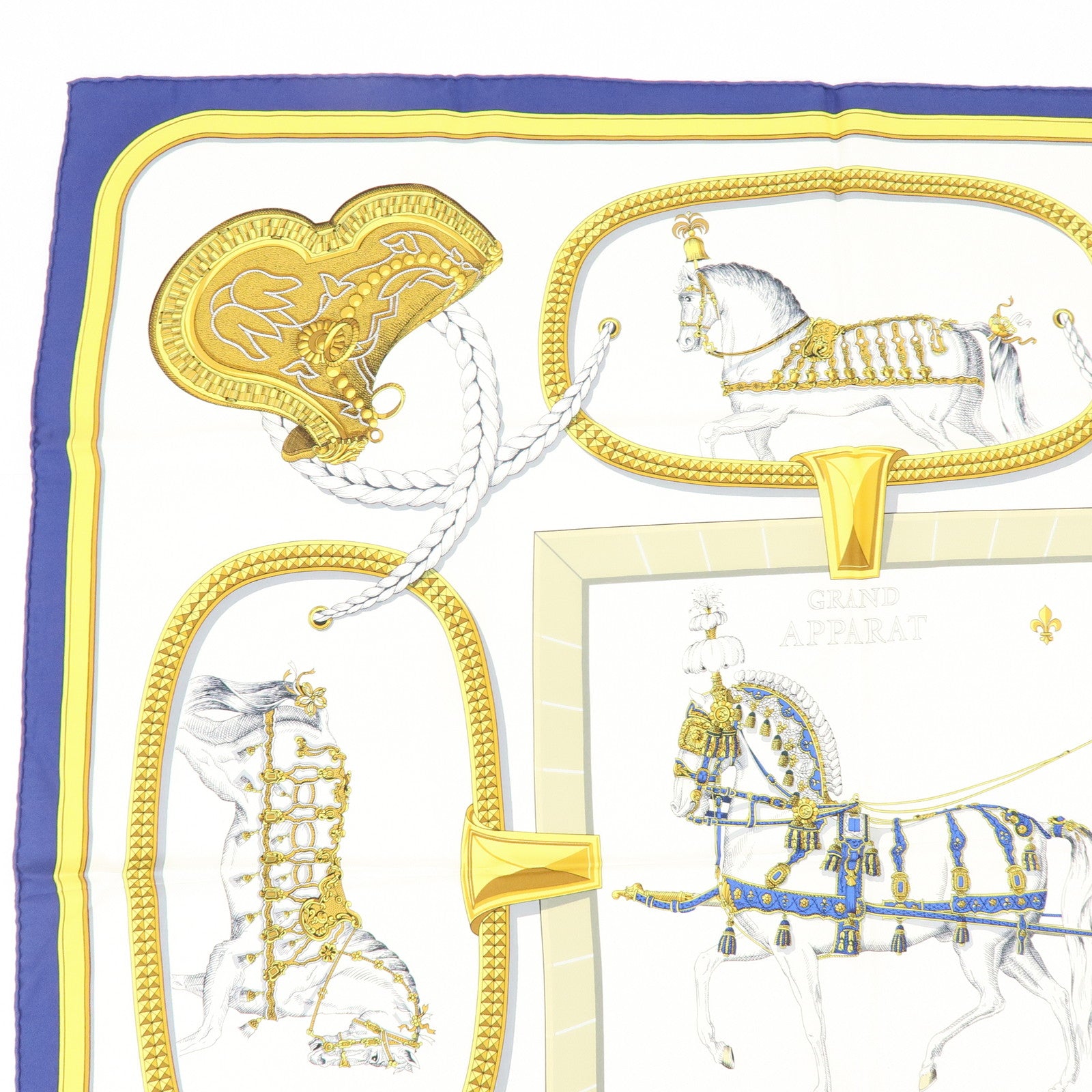 HERMES Carre 90 Silk 100% Scarf GRAND APPARAT Navy White Gold