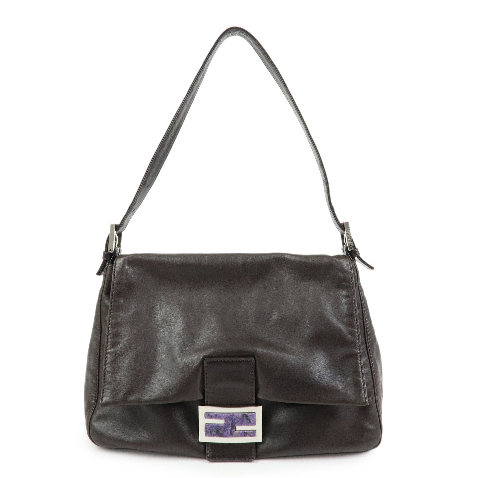 FENDI Mamma Baguette Lamb Skin Shoulder Bag Dark Brown 26325