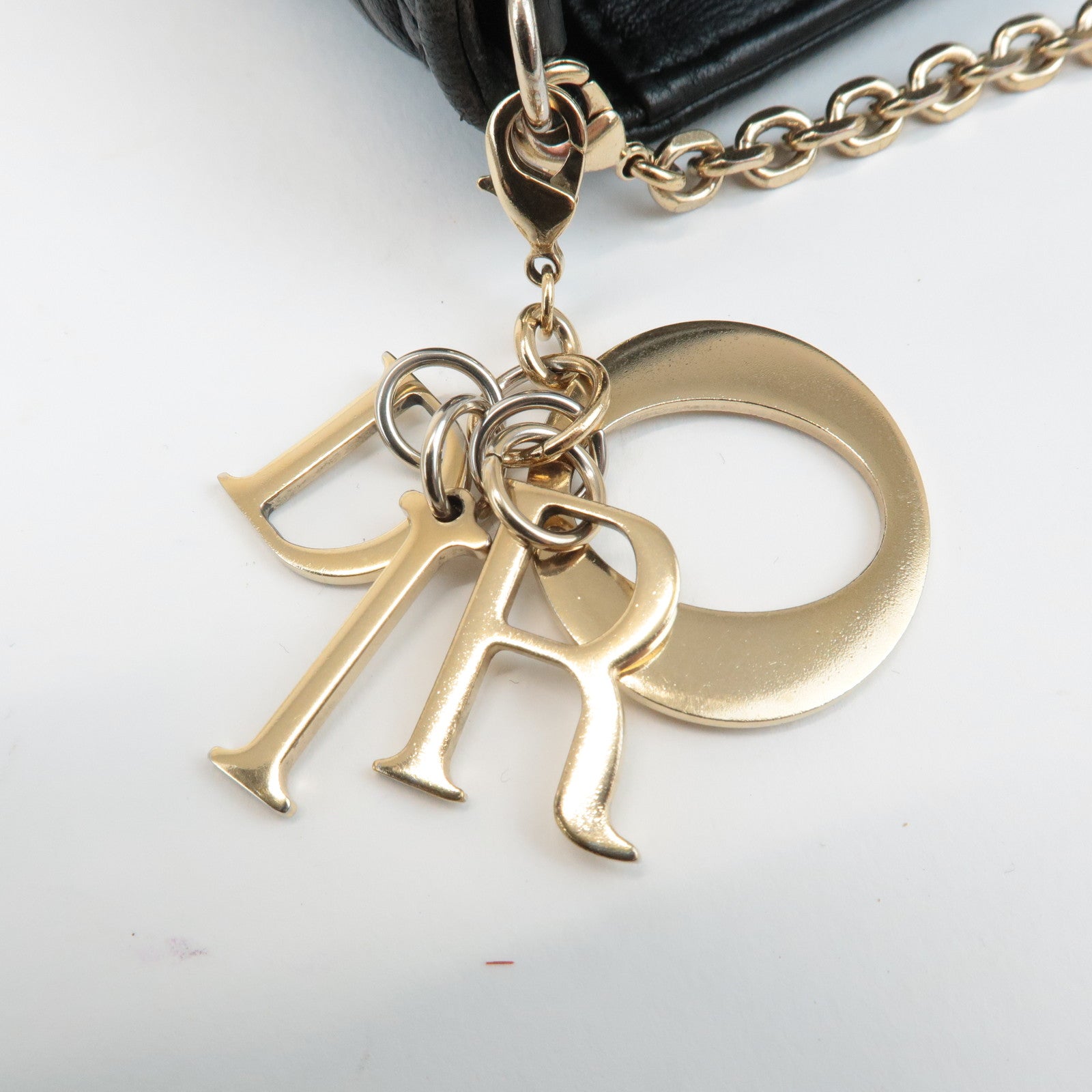 Christian Dior Cannage Leather Chain Shoulder Bag Black Gold Charm