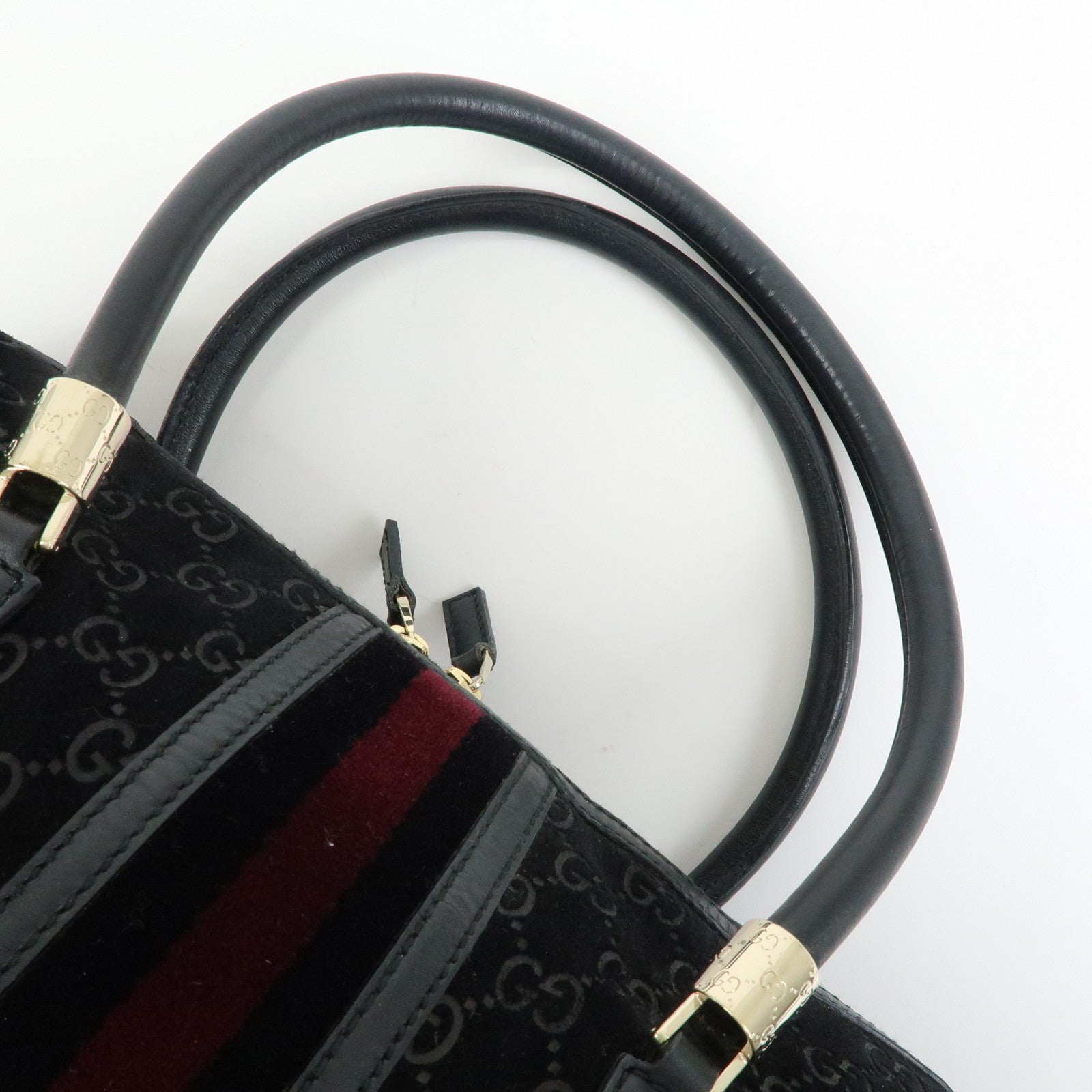GUCCI GG Suede Leather Boston Bag Hand Bag Black Bordeaux 162739